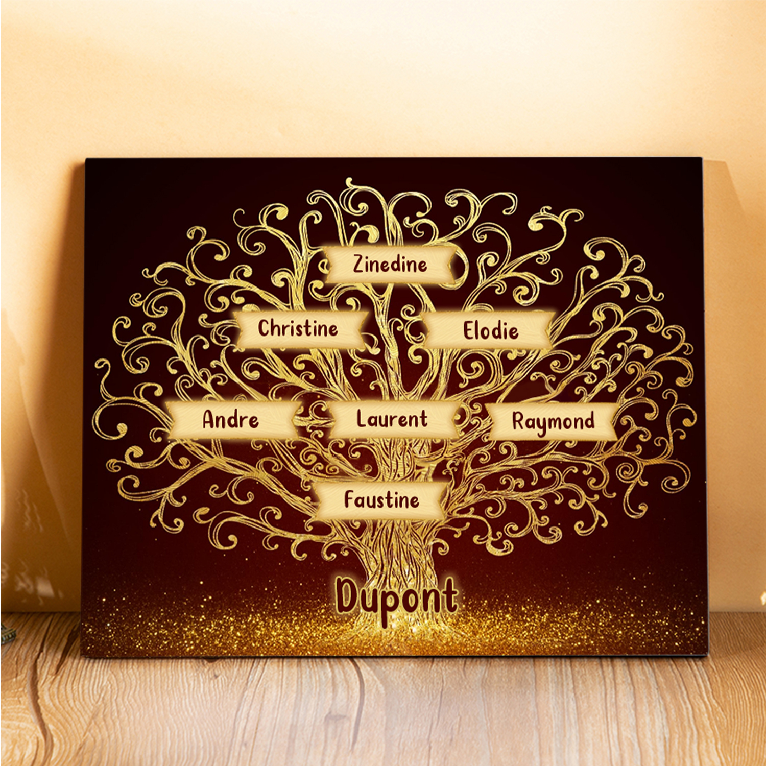 Cadre en Bois Arbre 7 Prénoms Personnalisés avec Texte Cadeau pour Famille