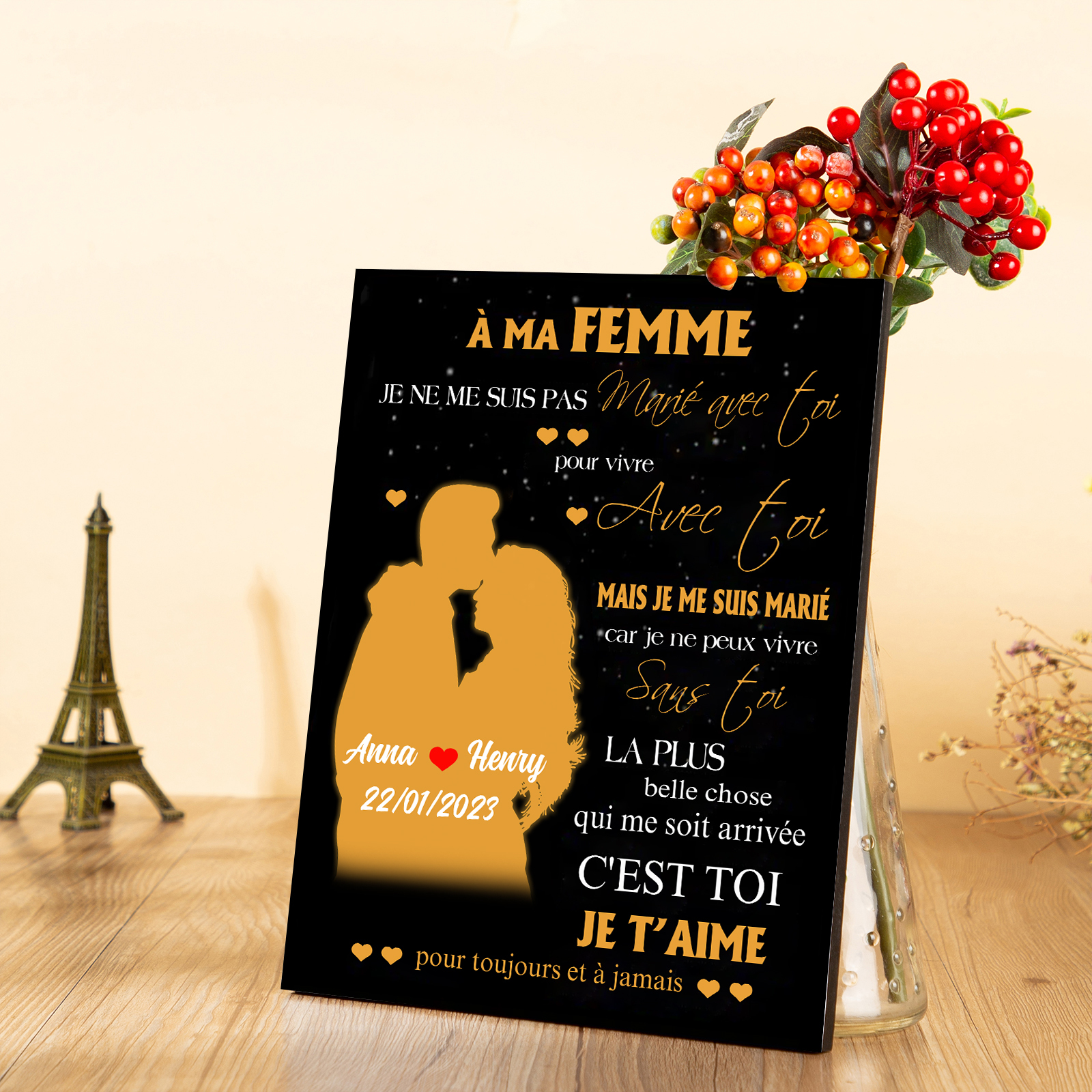 Cadre en Bois 2 Prénoms Personnalisés avec Date pour Couple Cadeau Saint Valentin