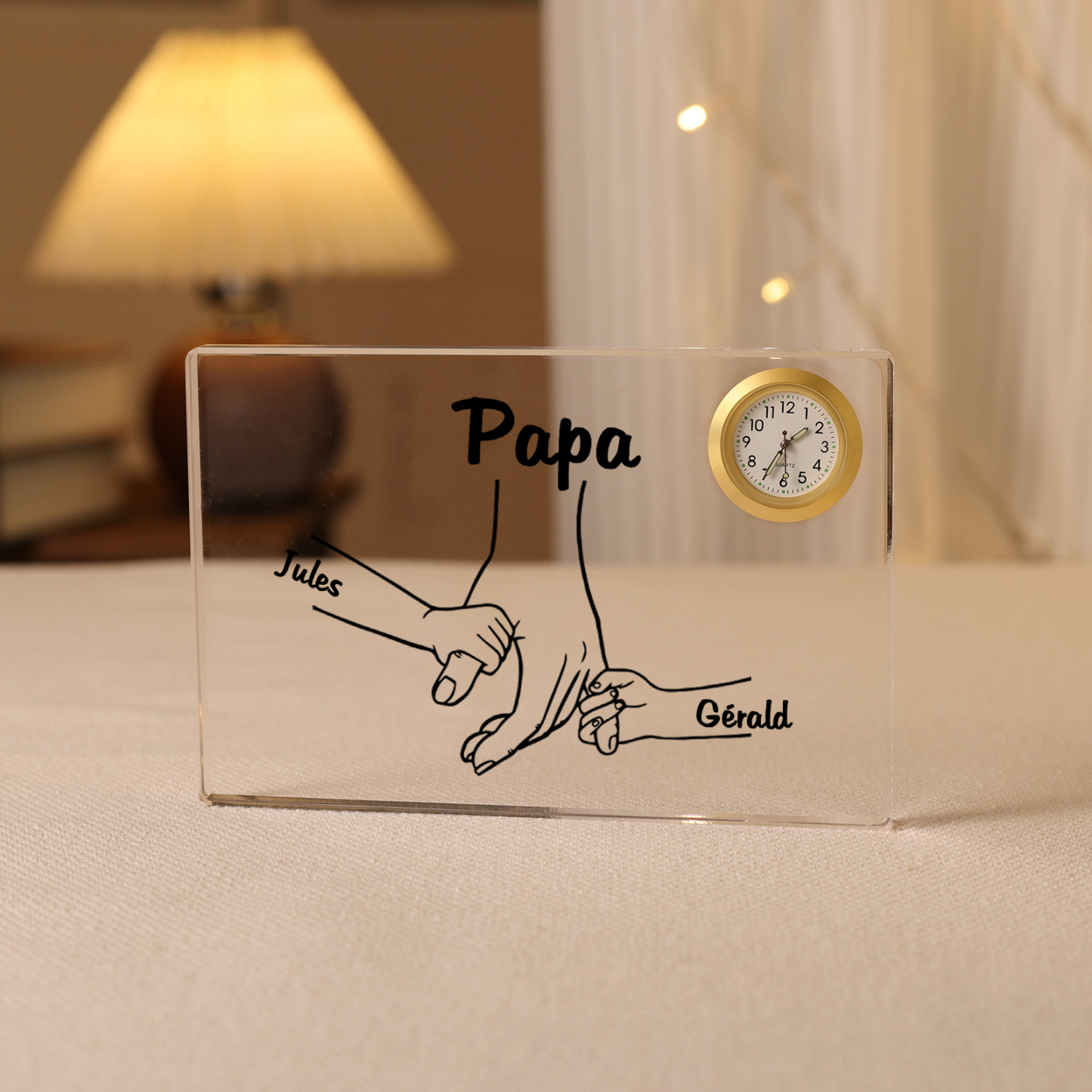 À mon Papa - Plaque Acrylique rectangle avec Horloge la main dans la main 2 Prénoms Personnalisés