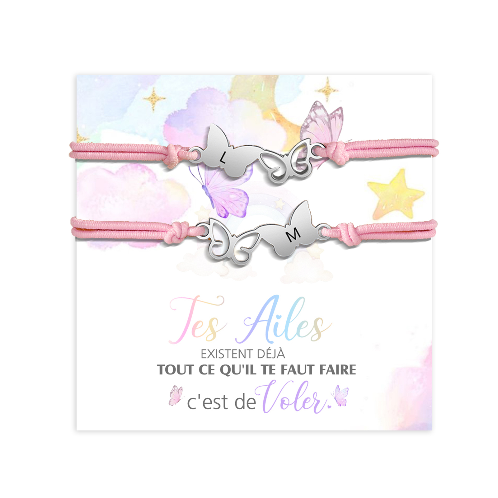 2PCS Ensemble de Bracelets Papillons 2 Lettres Personnalisées Corde élastiques - Cadeau Rentrée Scolaire