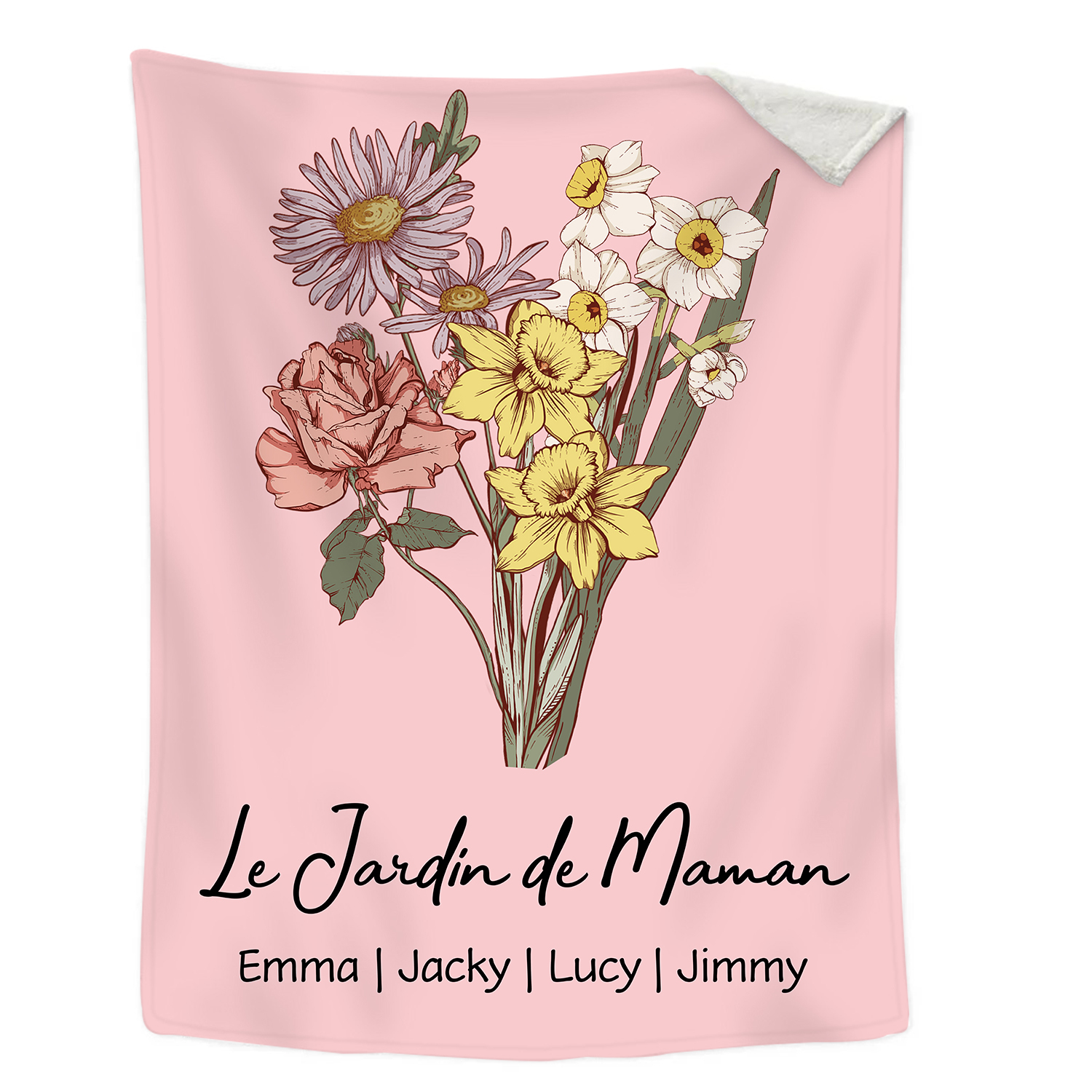 À ma Maman - Plaid Personnalisé avec 4 Prénoms et Fleurs de Naissance Couverture en Flanelle Blanc/Rose le jardin de Maman | Jessemade
