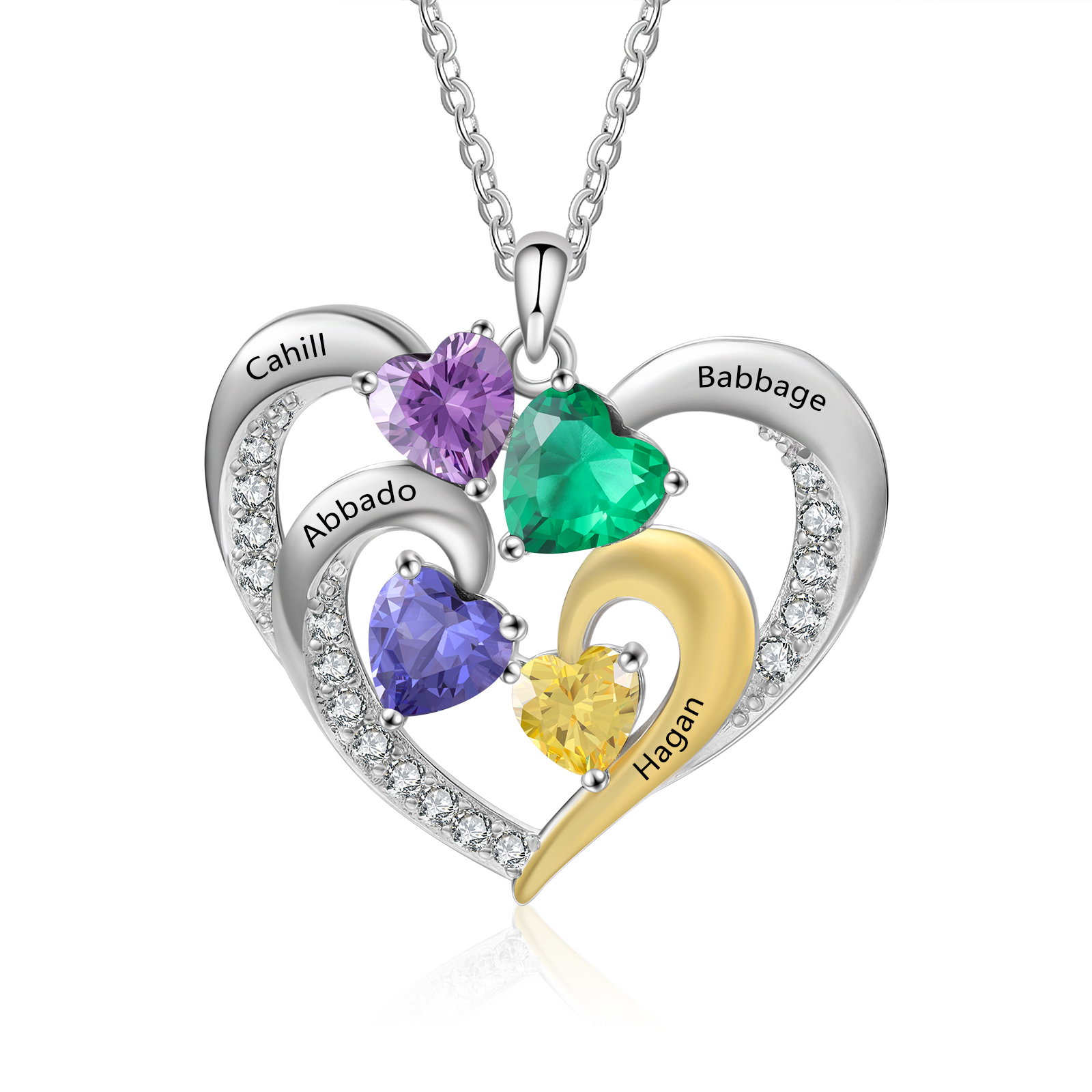 Collier Cœur 4 Prénoms et Personnalisés avec 4 Pierres de naissance