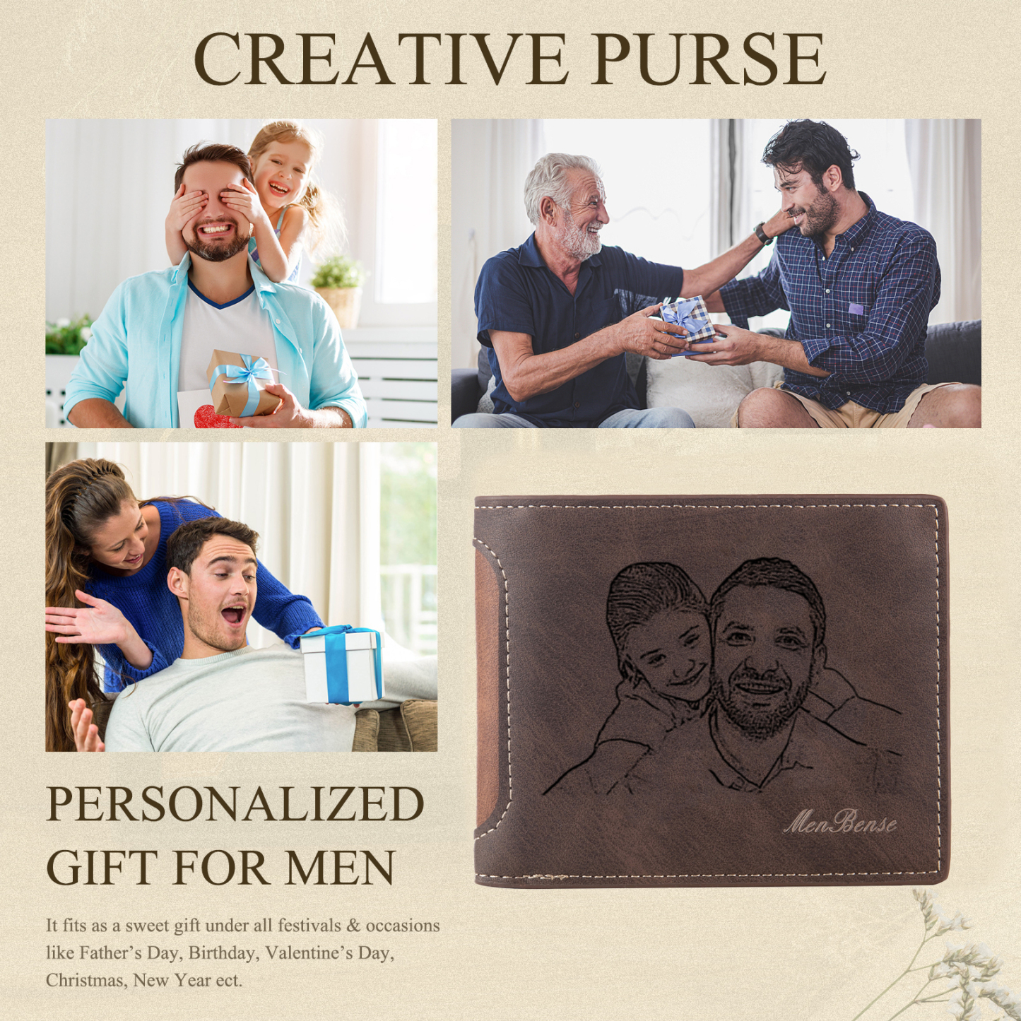 Coffret Cadeau 3PCS - Portefeuille classique Porte-Clés et Stylo 1 Prénom et Lettre Personnalisés avec 1 Photo et Texte Coffret Cadeau pour Homme