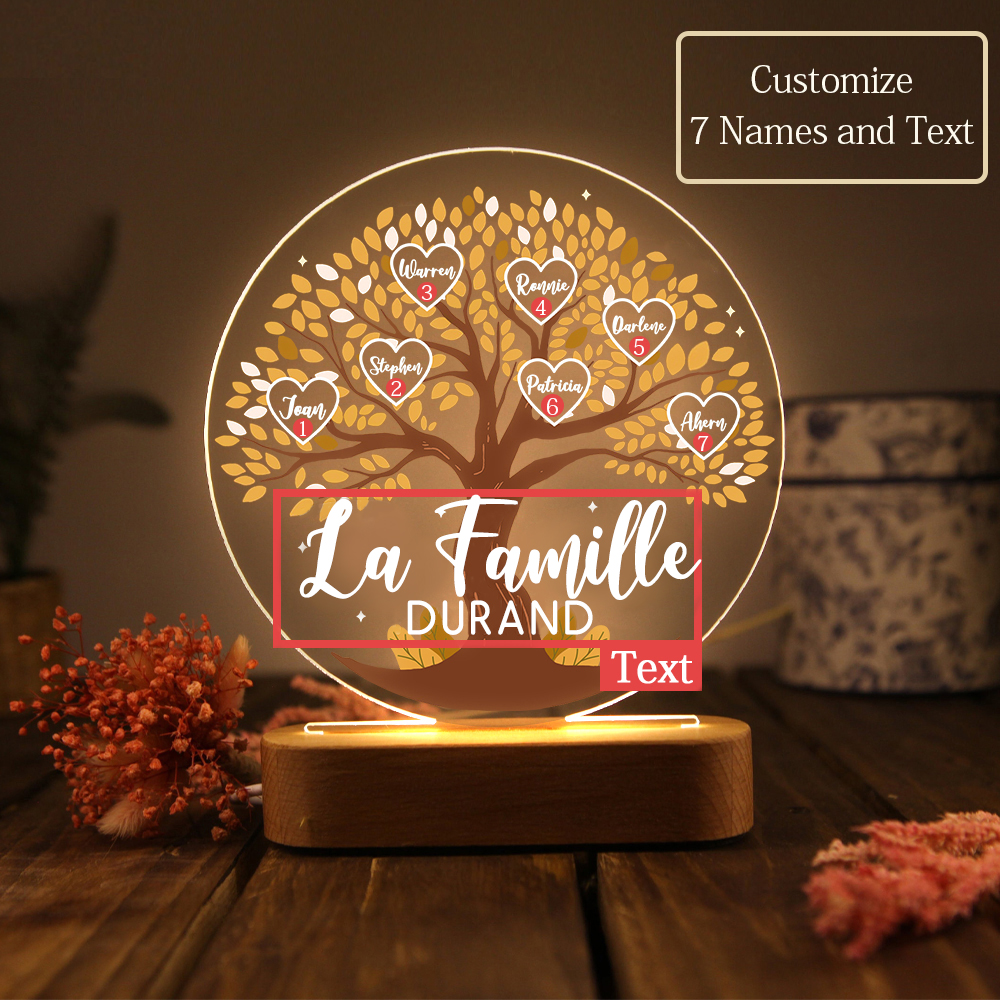 Lampe de chevet Arbre de Vie LED Lumières 5 Prénoms et 1 Texte Personnalisés pour Famille