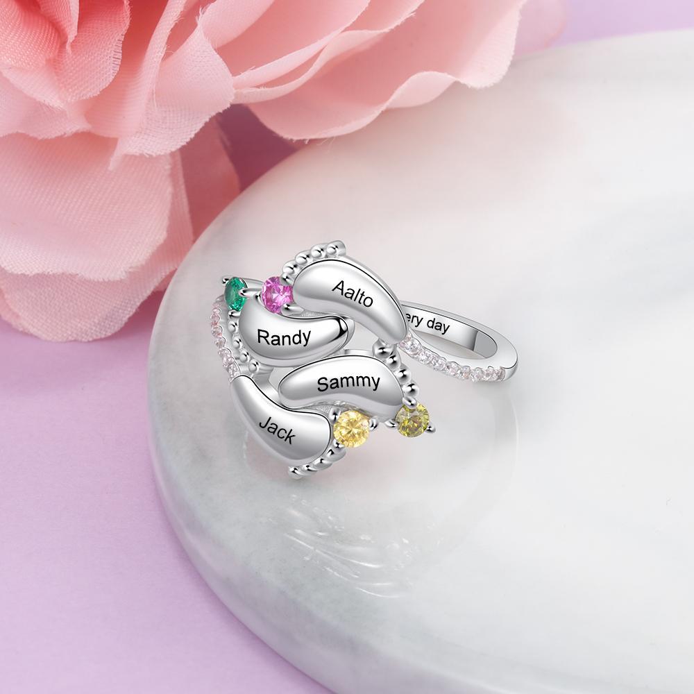 Bague Pieds de Bébé Prénom Personnalisée Gravée 4 Pierres de Naissance