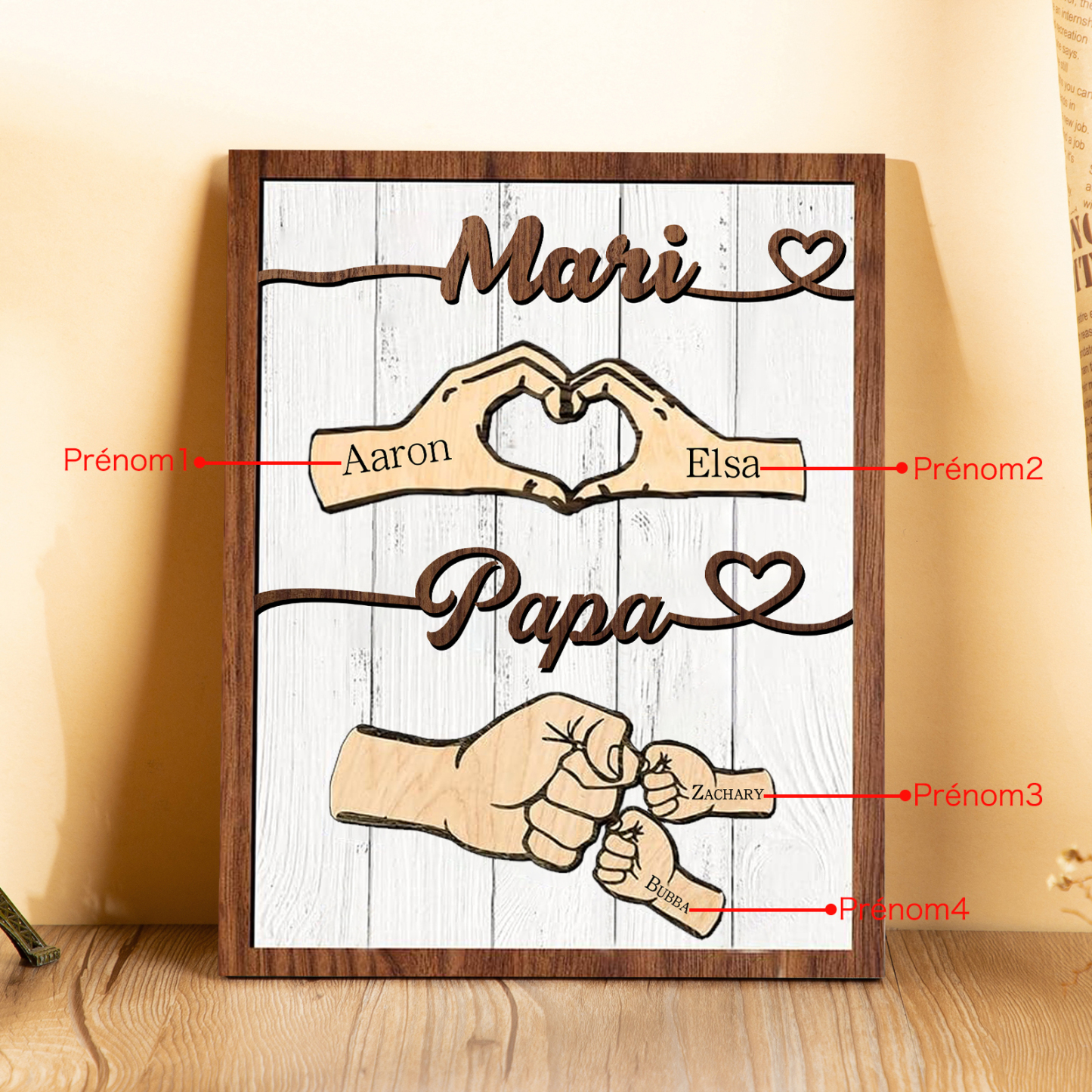 À mon Papa/Mari-Cadre en Bois Mains et Poings 4 Prénoms Personnalisés
