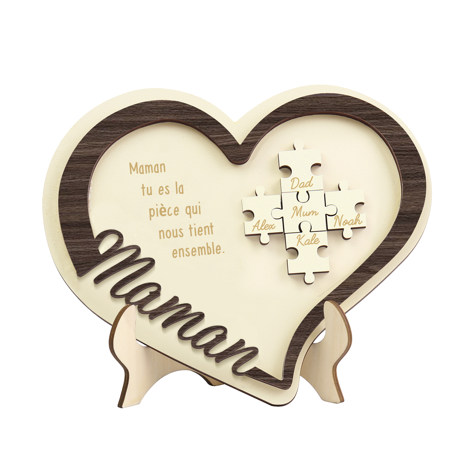 À ma Maman - Décoration en bois Cœur Puzzle 5 Prénoms Personnalisés Ornement pour Famille