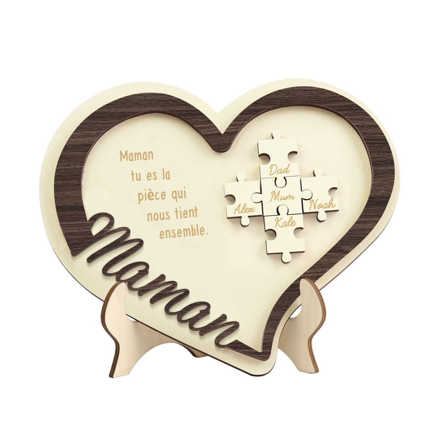 À ma Maman - Décoration en bois Cœur Puzzle 5 Prénoms Personnalisés Ornement pour Famille