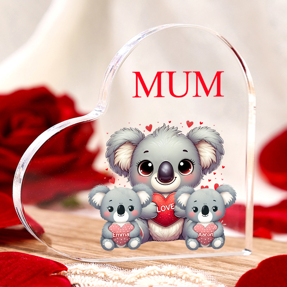 À ma Maman/Mamie - Plaque Acrylique en Forme de Cœur Koala 2 Prénoms Personnalisés avec 1 Texte