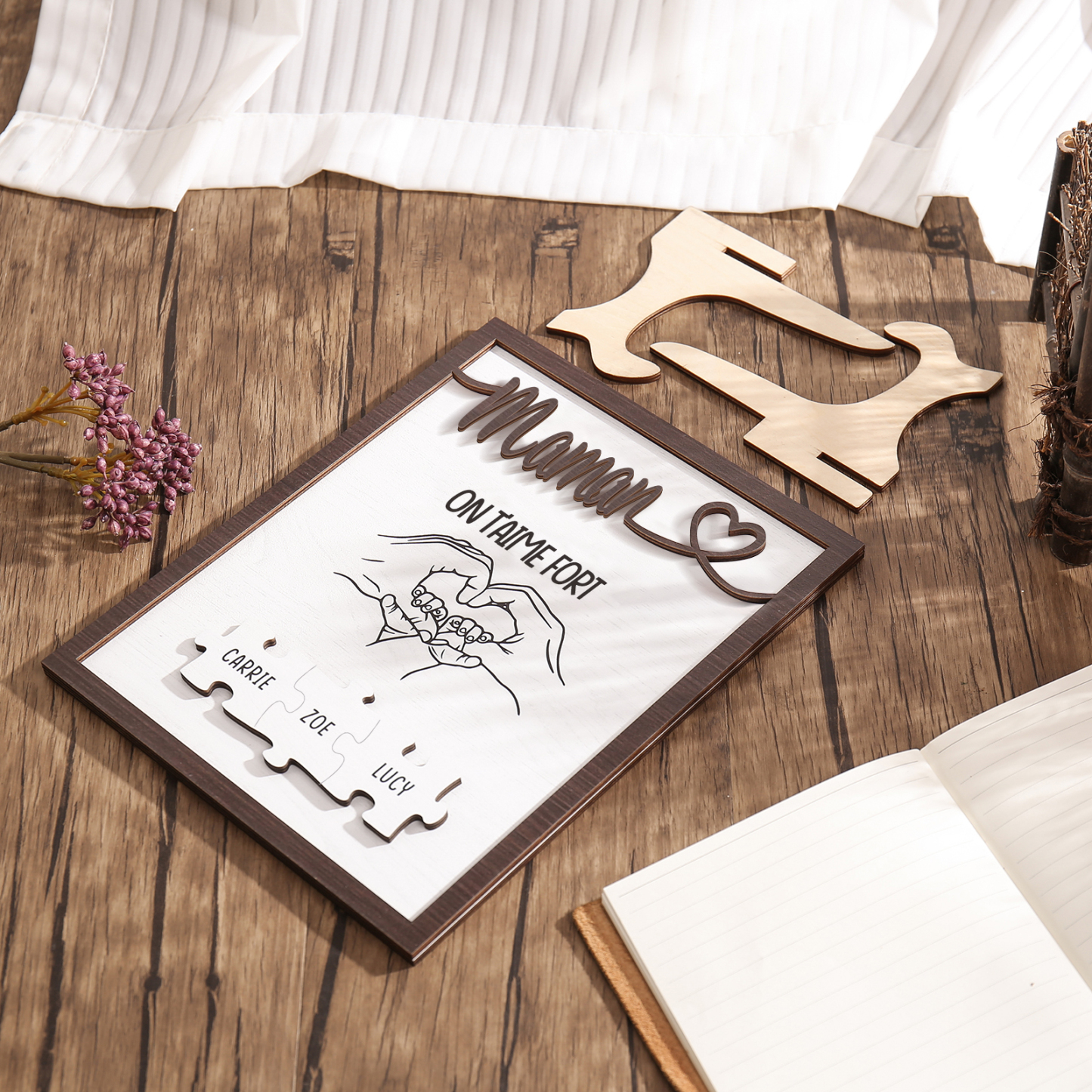 À Maman - Décoration en bois Mains et Puzzles 3 Prénoms et 1 Texte Personnalisés Ornement Famille