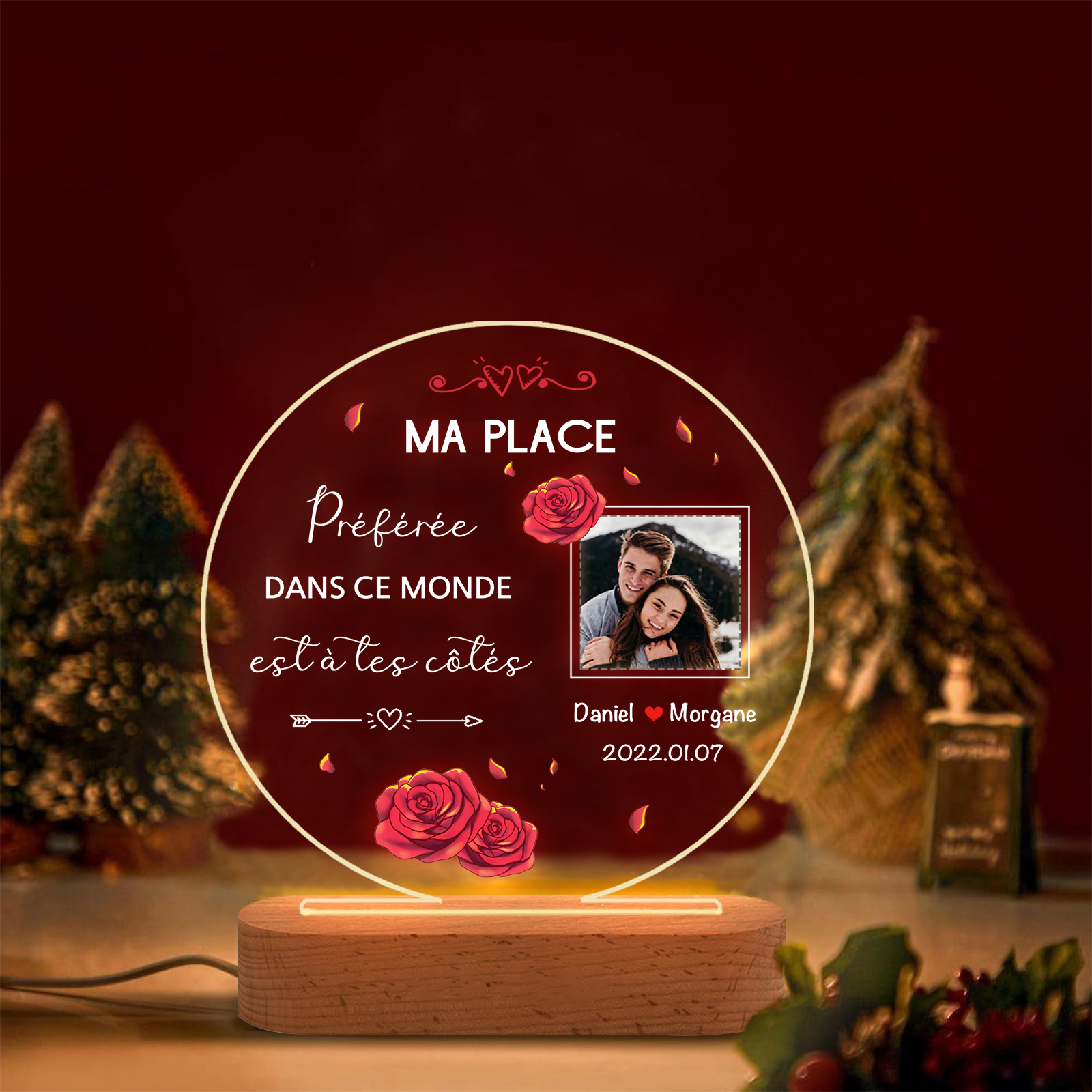 Lampe de chevet Couple LED Lumières 2 Prénoms et 1 Photo Personnalisés avec Date