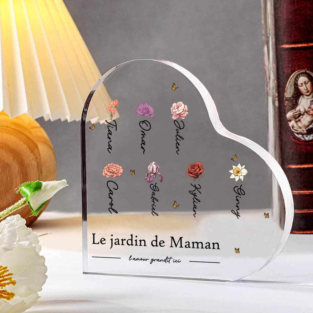 À ma Maman/Mamie - Plaque Acrylique en forme de Cœur 1-10 Prénoms et 1 Texte Personnalisés avec Fleur de naissance
