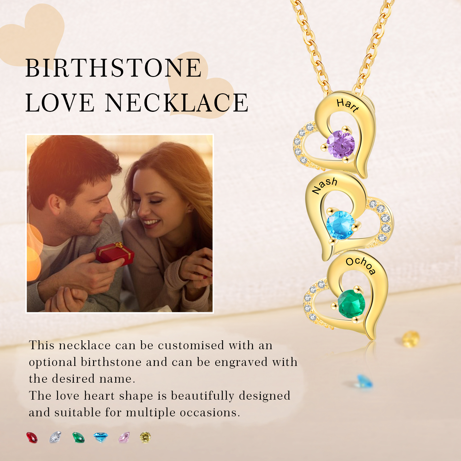 Collier Pendentif Cœur 3 Prénoms Personnalisés avec Pierre de naissance pour Femmes