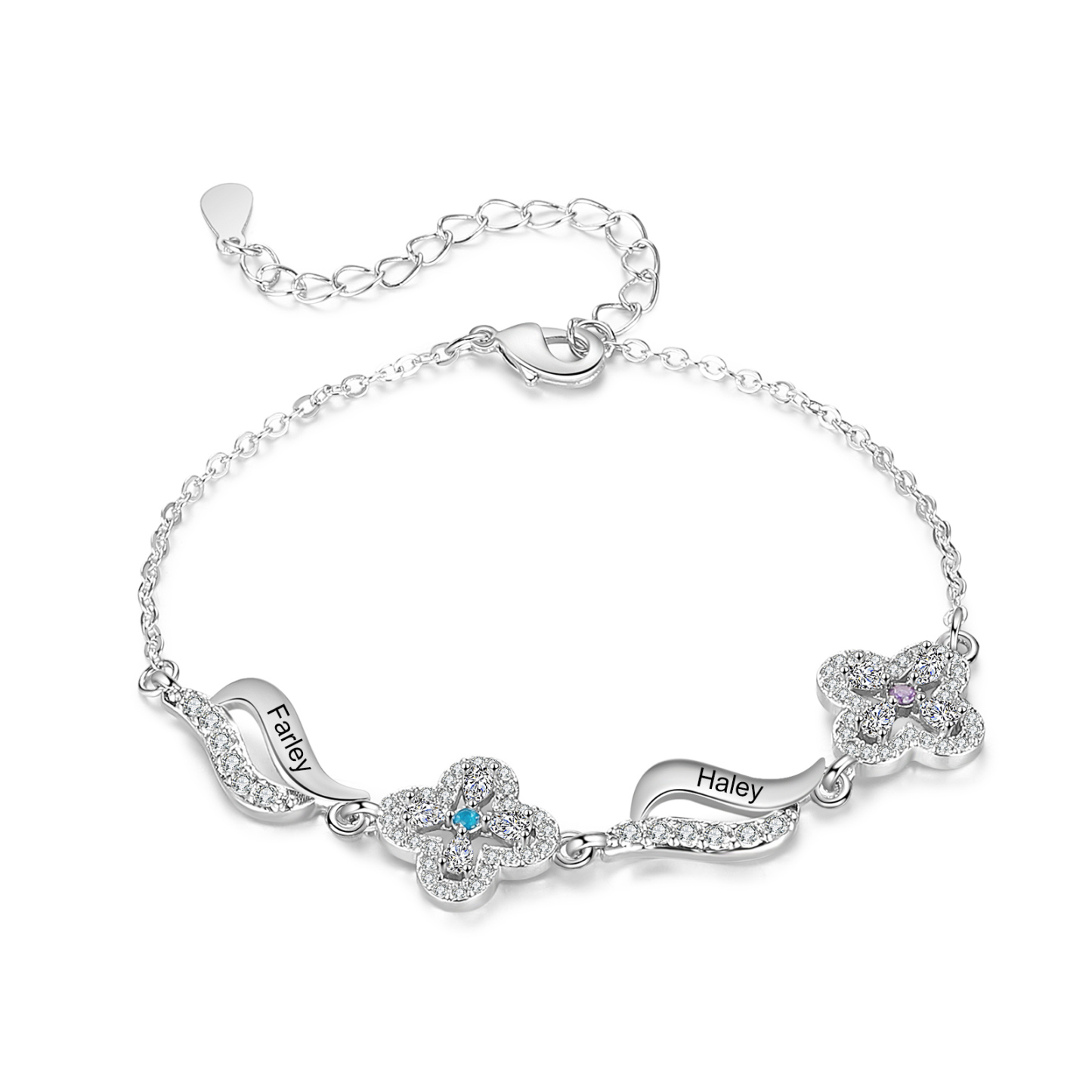 Bracelet Personnalisé Fleurs avec 2-4 Prénoms et Pierres de Naissance – Bijou famille pour Femme