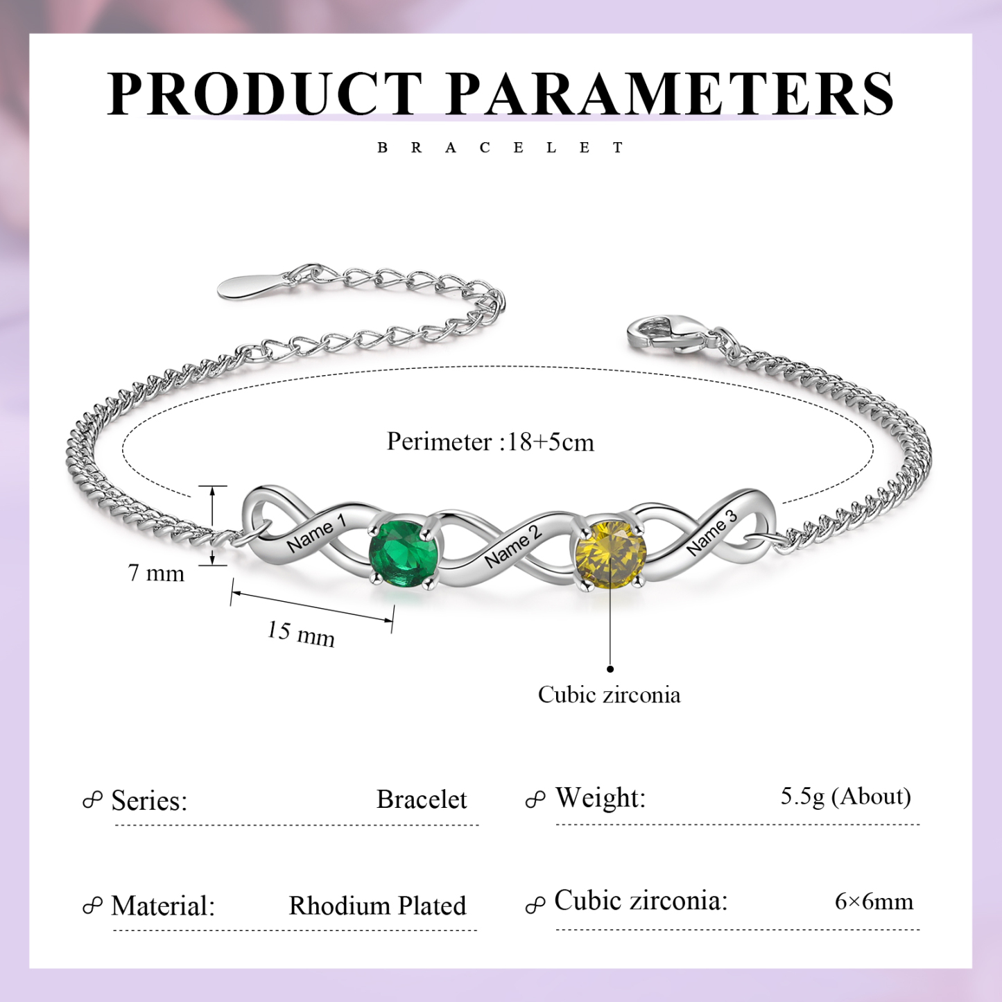 Bracelet Infini 3 Prénoms Personnalisés avec 2 Pierres de Naissance pour Femme
