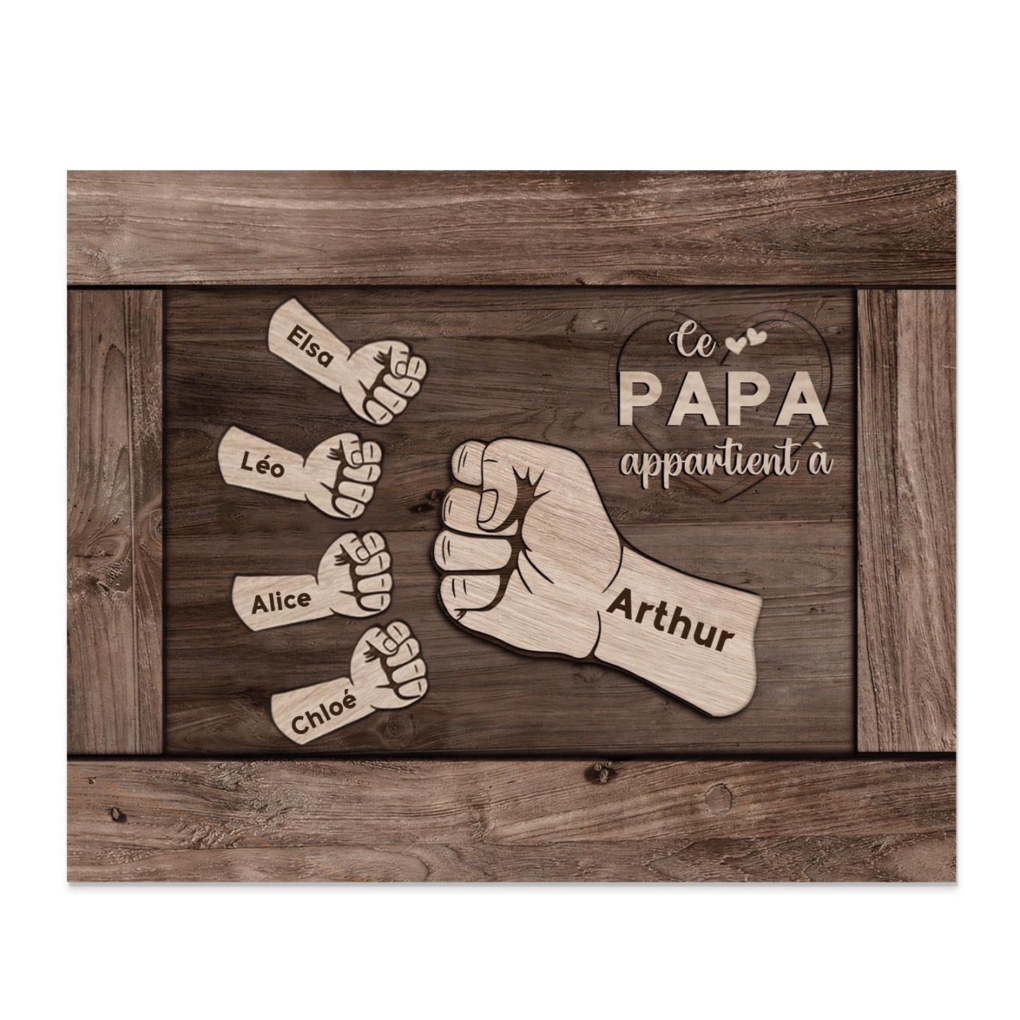 À Mon Papa/Papy-Cadre Imprimé en Bois Poings 5 Prénoms Personnalisés avec Texte