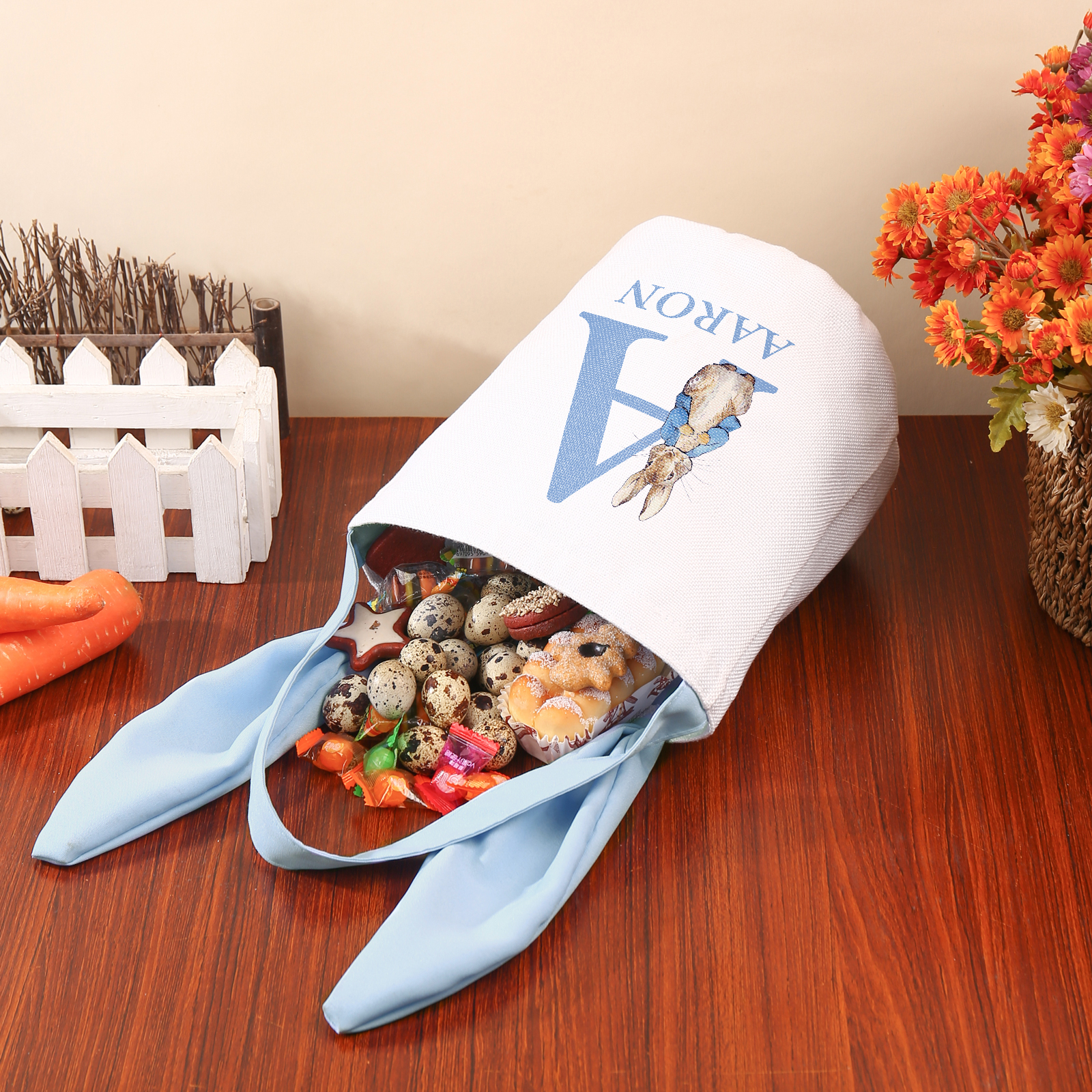 Sac de Pâques Lapin 1 Prénom et Lettre Personnalisés Tote Bag Enfant