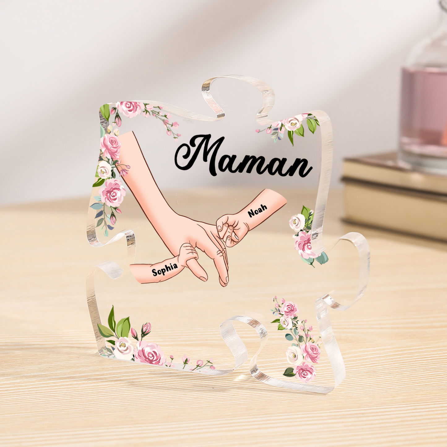 Plaque Acrylique en forme de Puzzle la main dans la main 2 Prénoms et 1 Texte Personnalisés