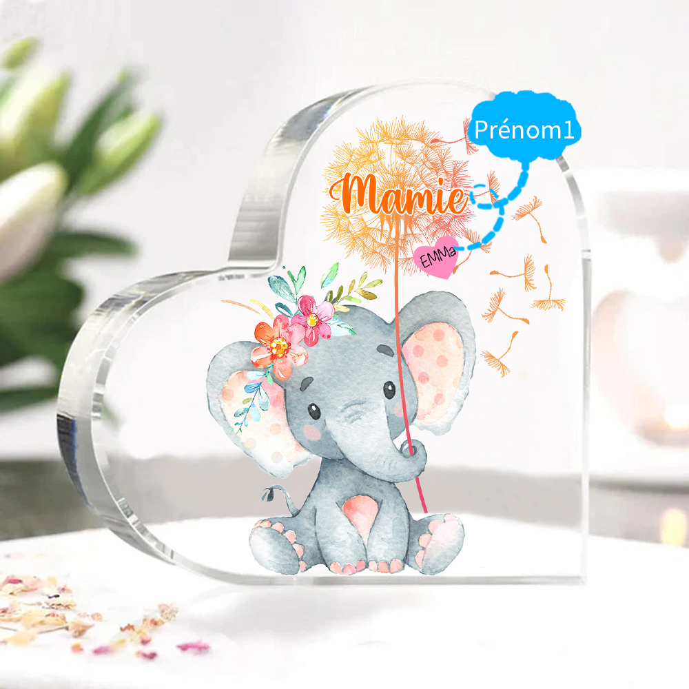 À ma Mamie - Plaque Acrylique en Forme de Cœur Éléphant 1 Prénom Personnalisé