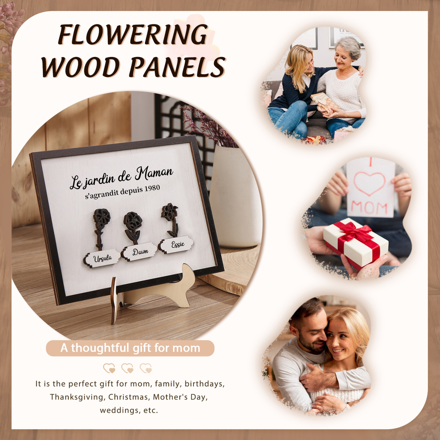 À ma Maman - Décoration en bois Fleurs 3 Prénoms Personnalisés avec Fleurs de naissance Ornement pour Famille