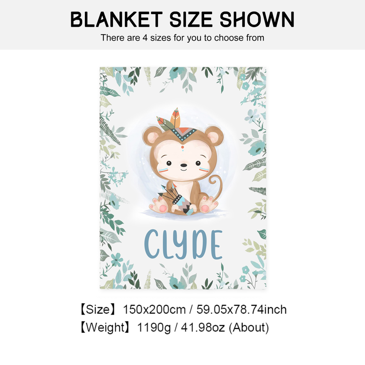 Couverture plaids polaire singe 1 Prénom Personnalisé pour enfant