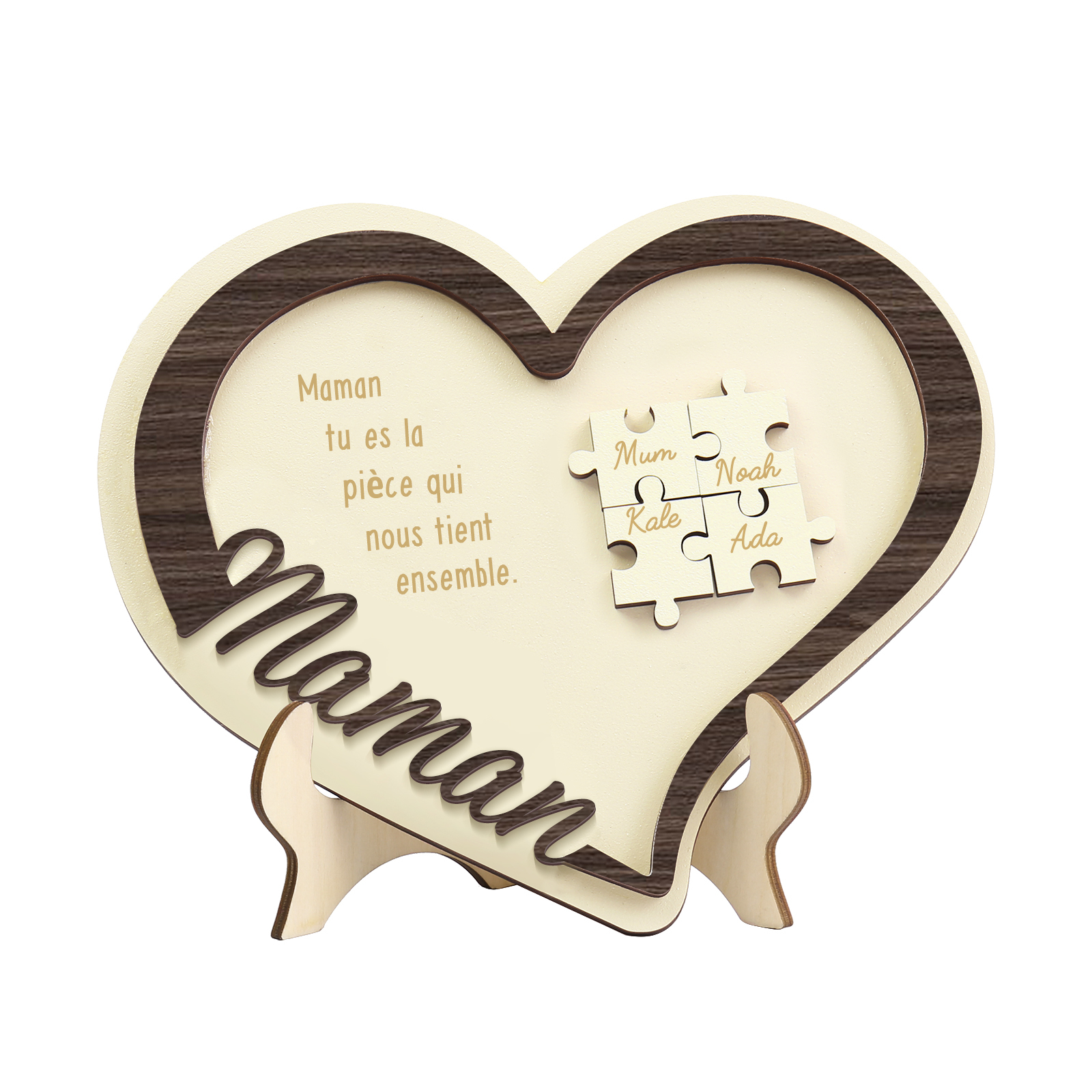 À ma Maman - Décoration en bois Cœur Puzzle 4 Prénoms Personnalisés Ornement pour Famille
