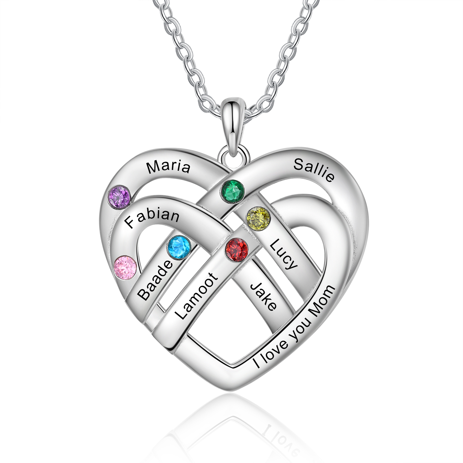 Collier Pendentif Cœur 7 Prénoms et 1 Texte Personnalisés avec 6 Pierres de Naissance Collier Femmes