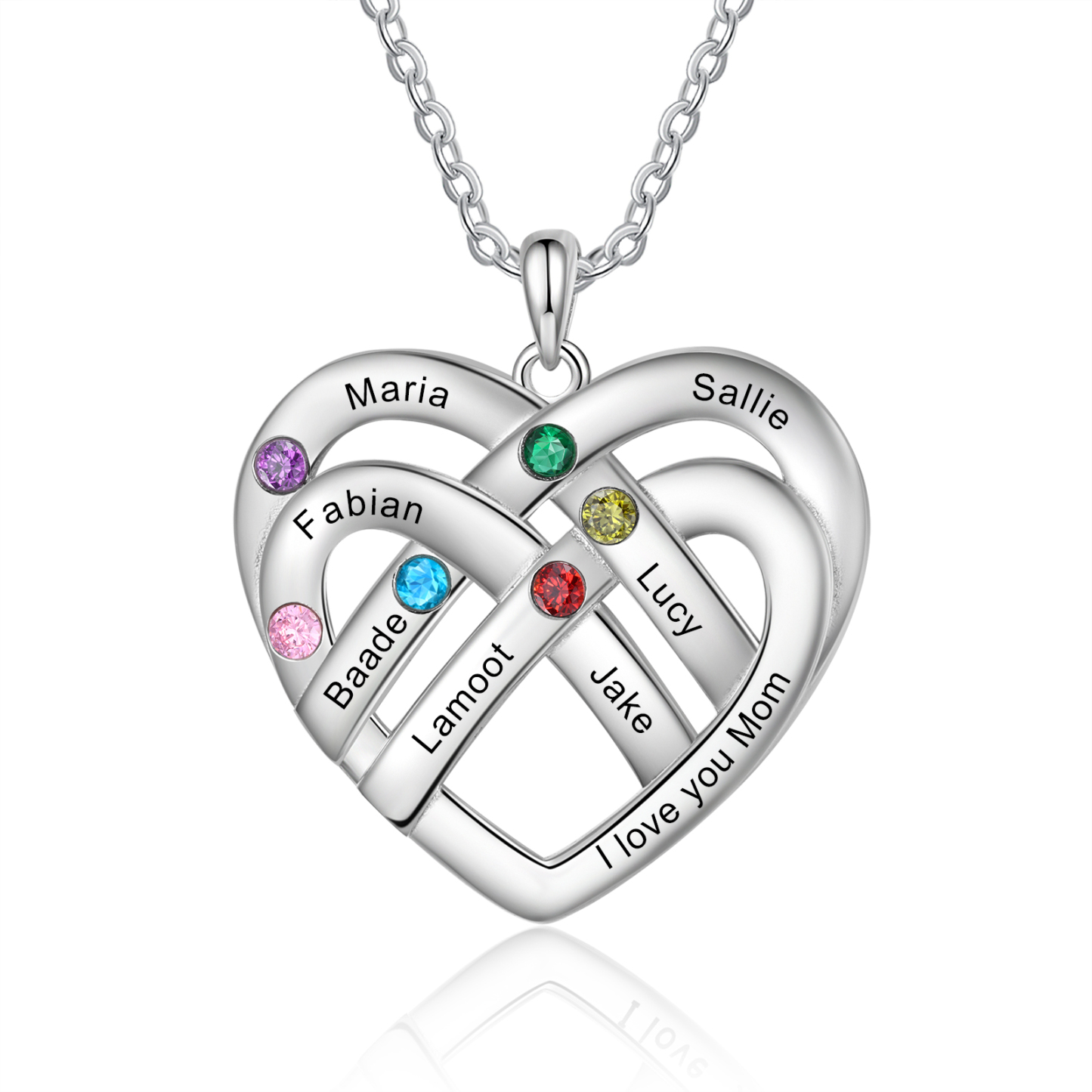 Collier Pendentif Cœur 7 Prénoms et 1 Texte Personnalisés avec 6 Pierres de Naissance Collier Femmes