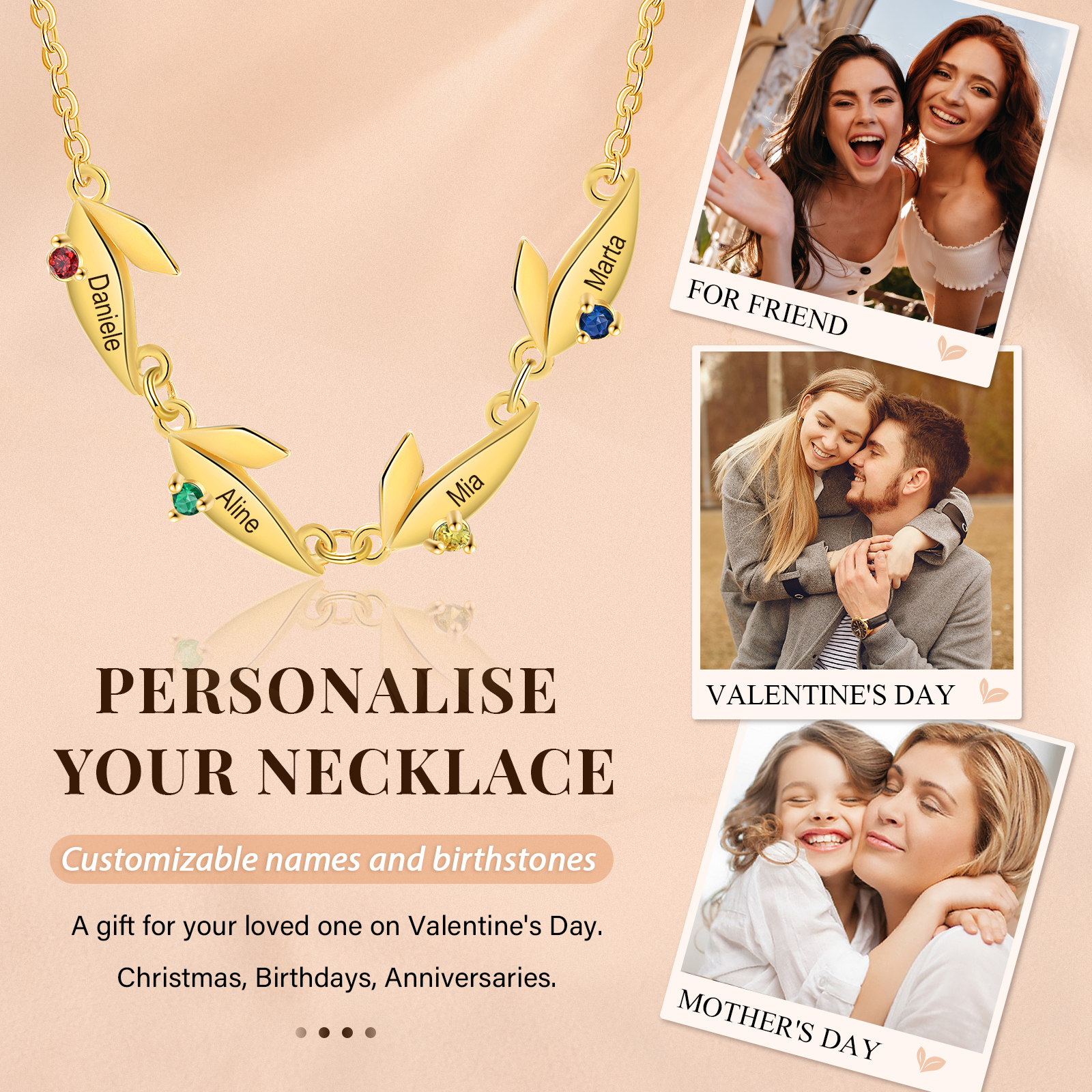 Collier Feuille 4 Prénoms Personnalisés avec Pierre de naissance Collier Femmes