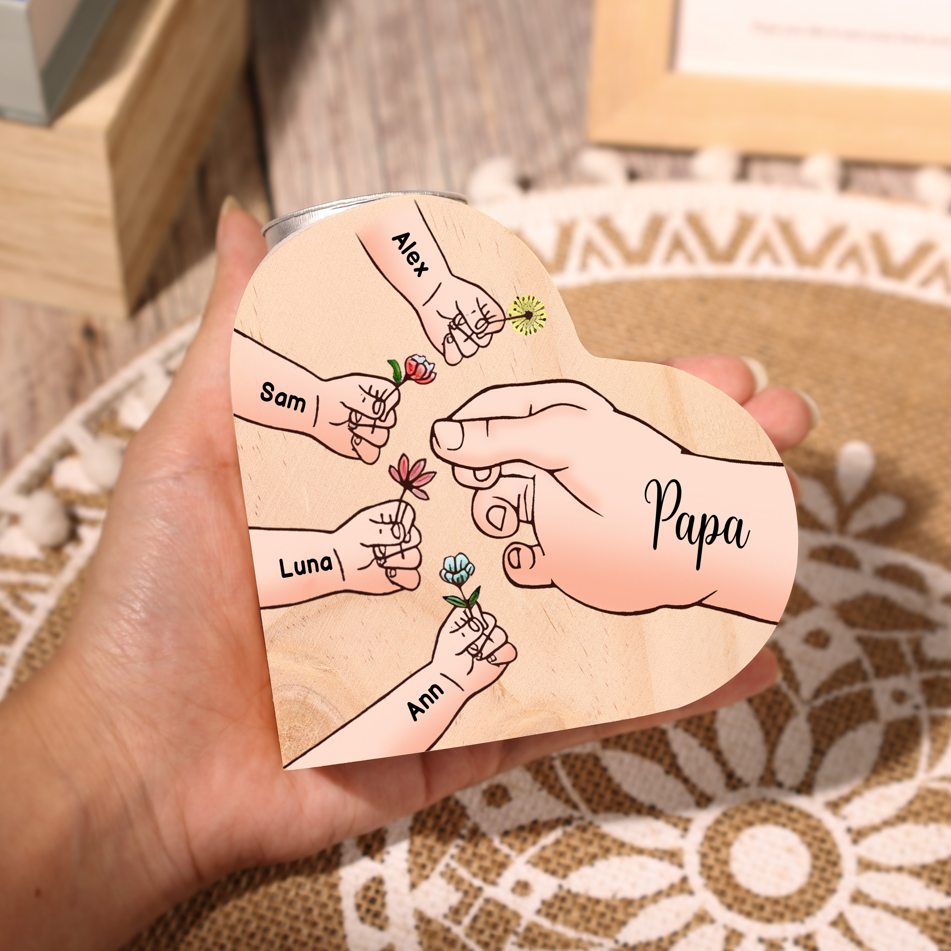 À Ma Maman/Mamie - Bougeoir en Bois Mains et Enfants 5 Prénoms Personnalisés pour Famille sans bougie