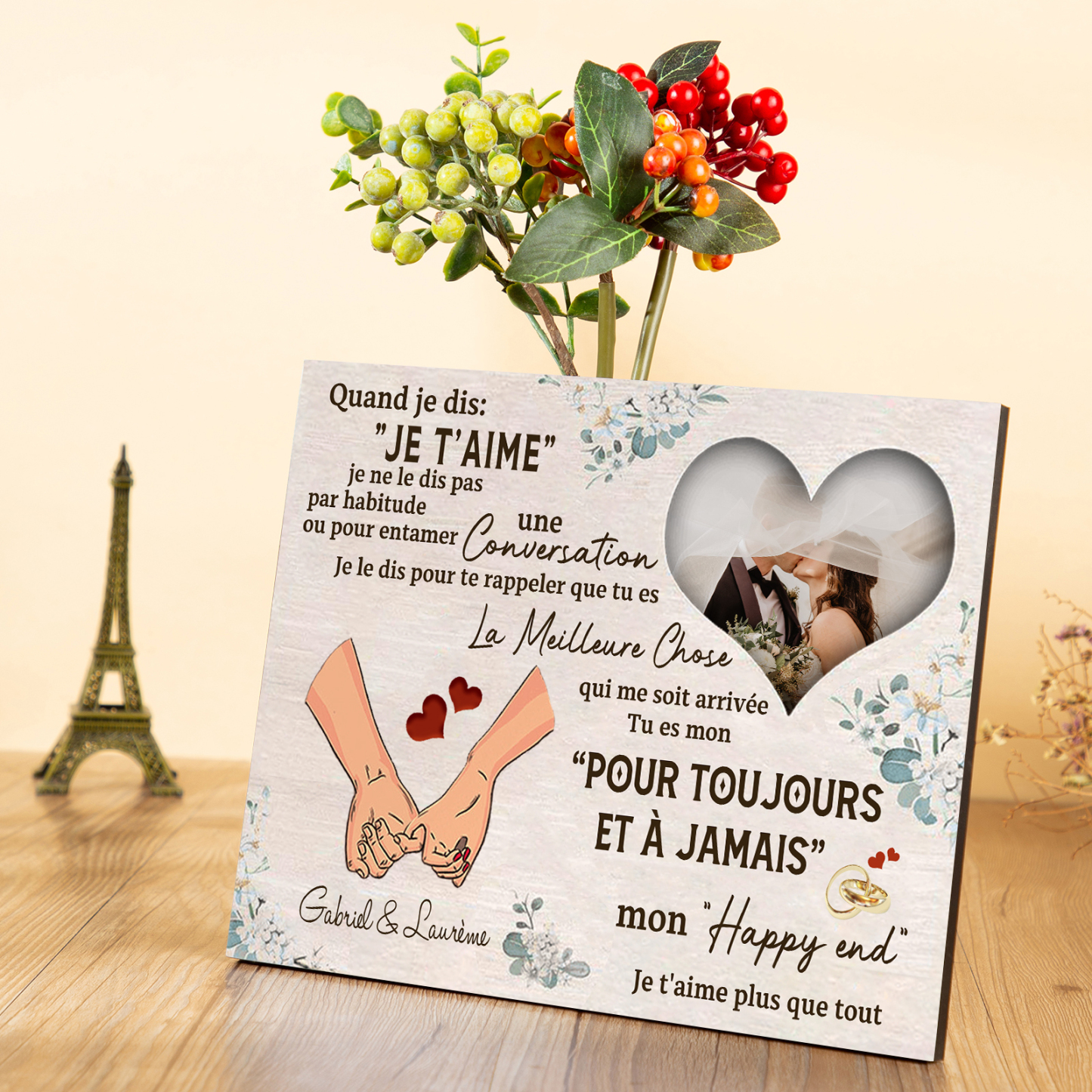 Cadre en Bois 2 Prénoms Personnalisés avec Photo pour Couple Cadeau Saint Valentin