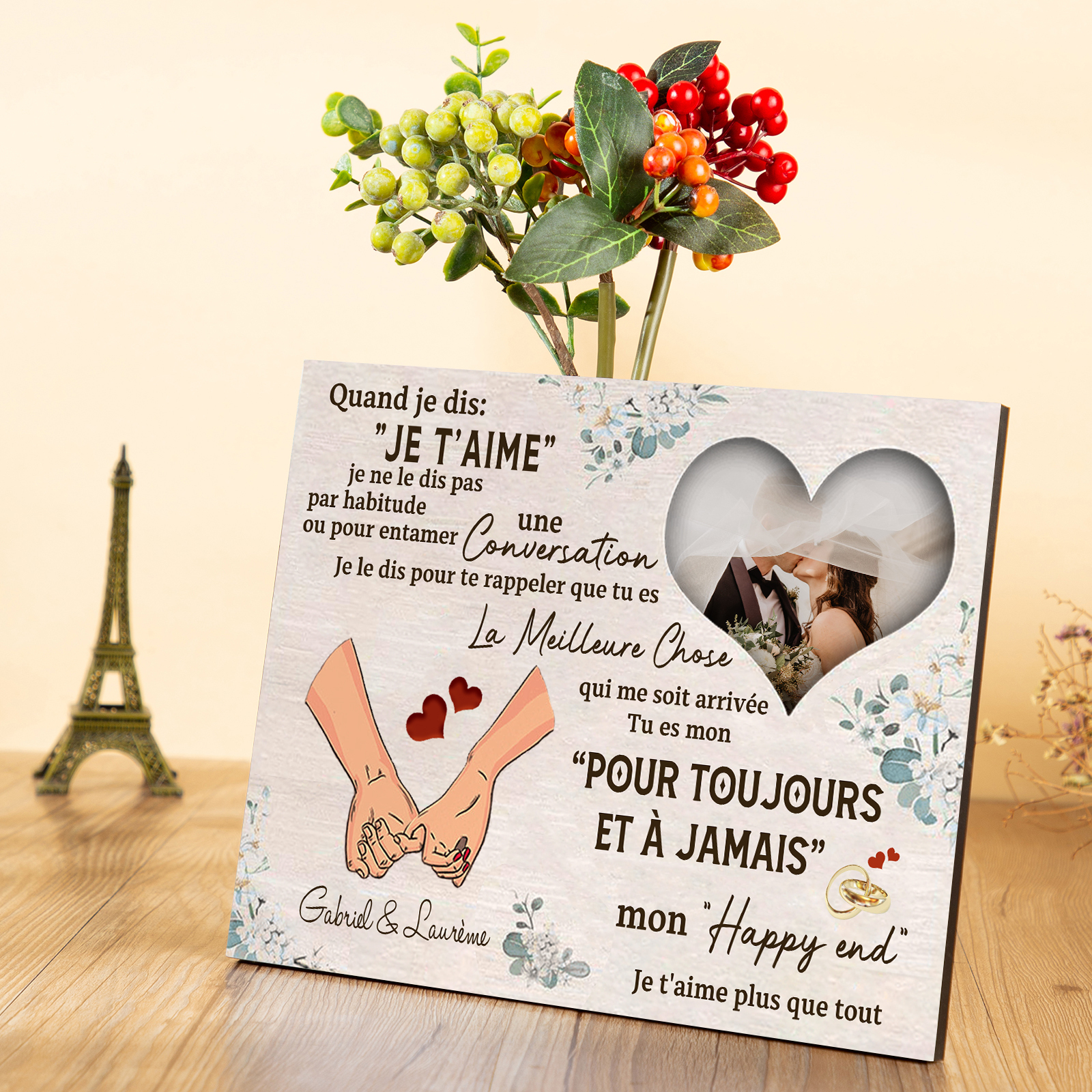 Cadre en Bois 2 Prénoms Personnalisés avec Photo pour Couple Cadeau Saint Valentin