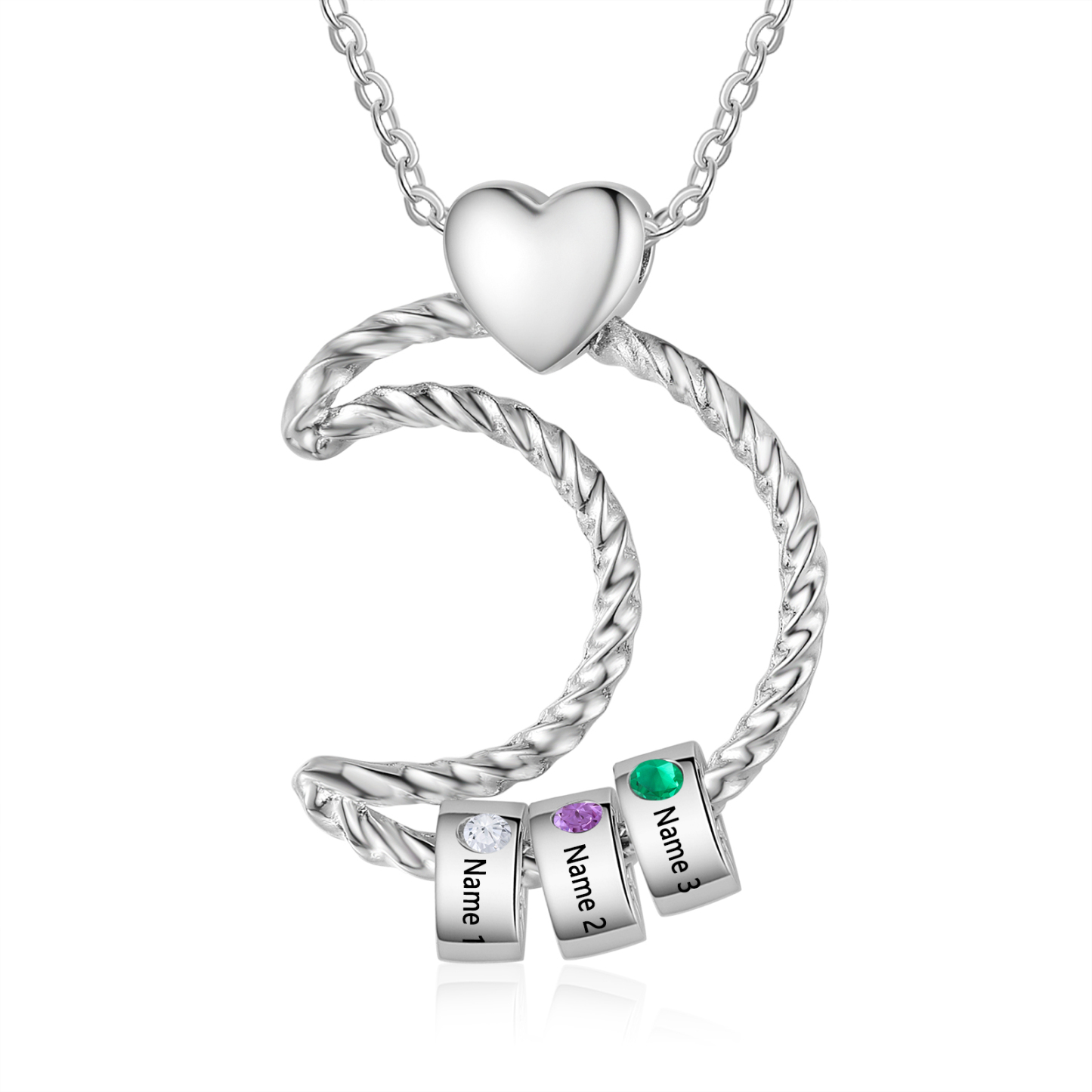 Collier Pendentif Lune 3 Prénoms et Perles Personnalisés avec Pierres de Naissance Collier Femmes