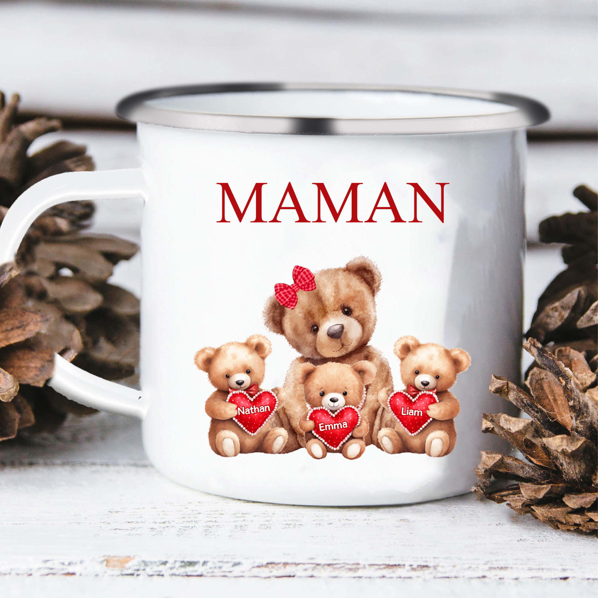 À Maman/Mamie - Tasse émaillée Ours 3 Prénoms Personnalisés