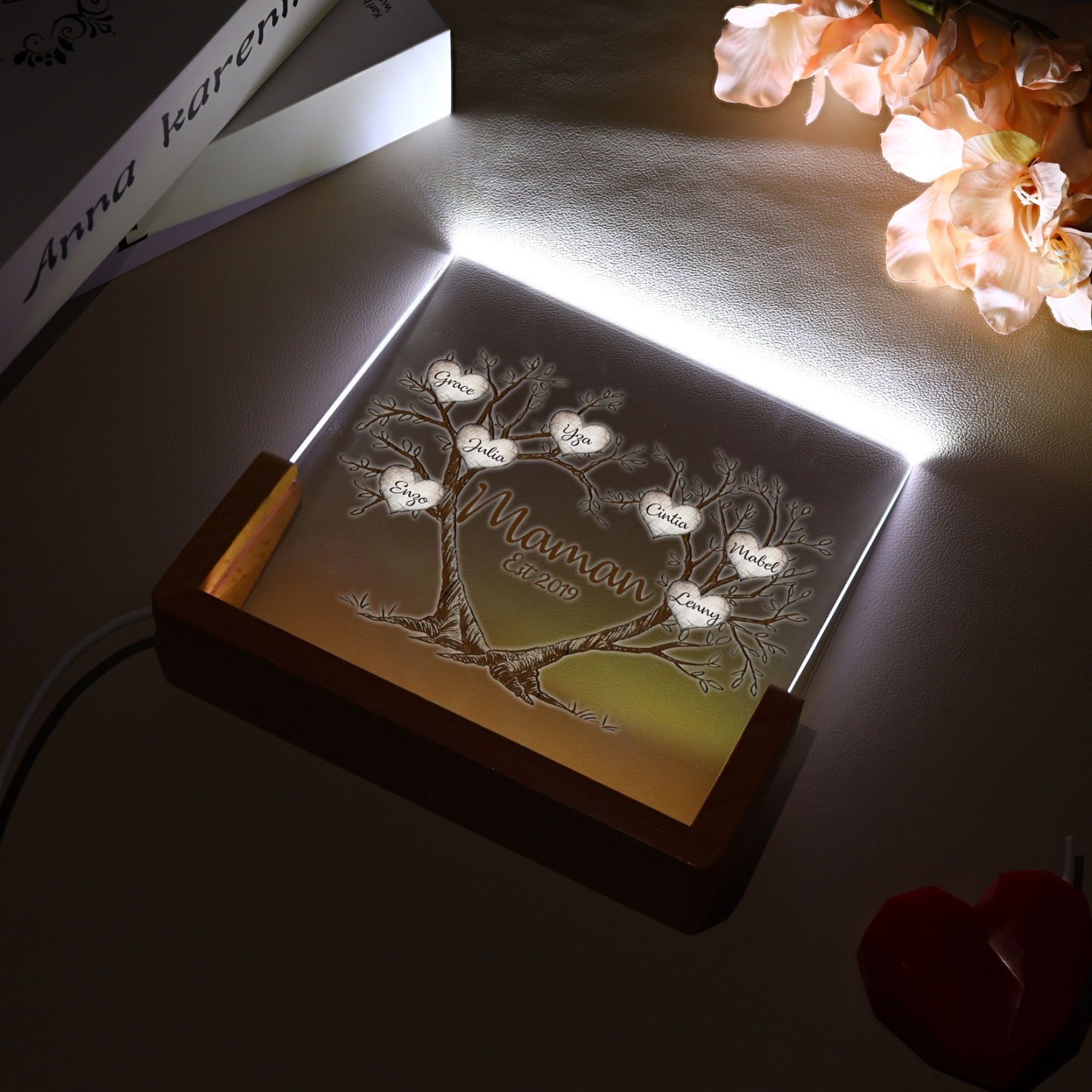 À Maman/Mamie - Lampe de chevet LED Arbre de Vie 7 Prénoms Personnalisés avec Texte et Date pour Famille