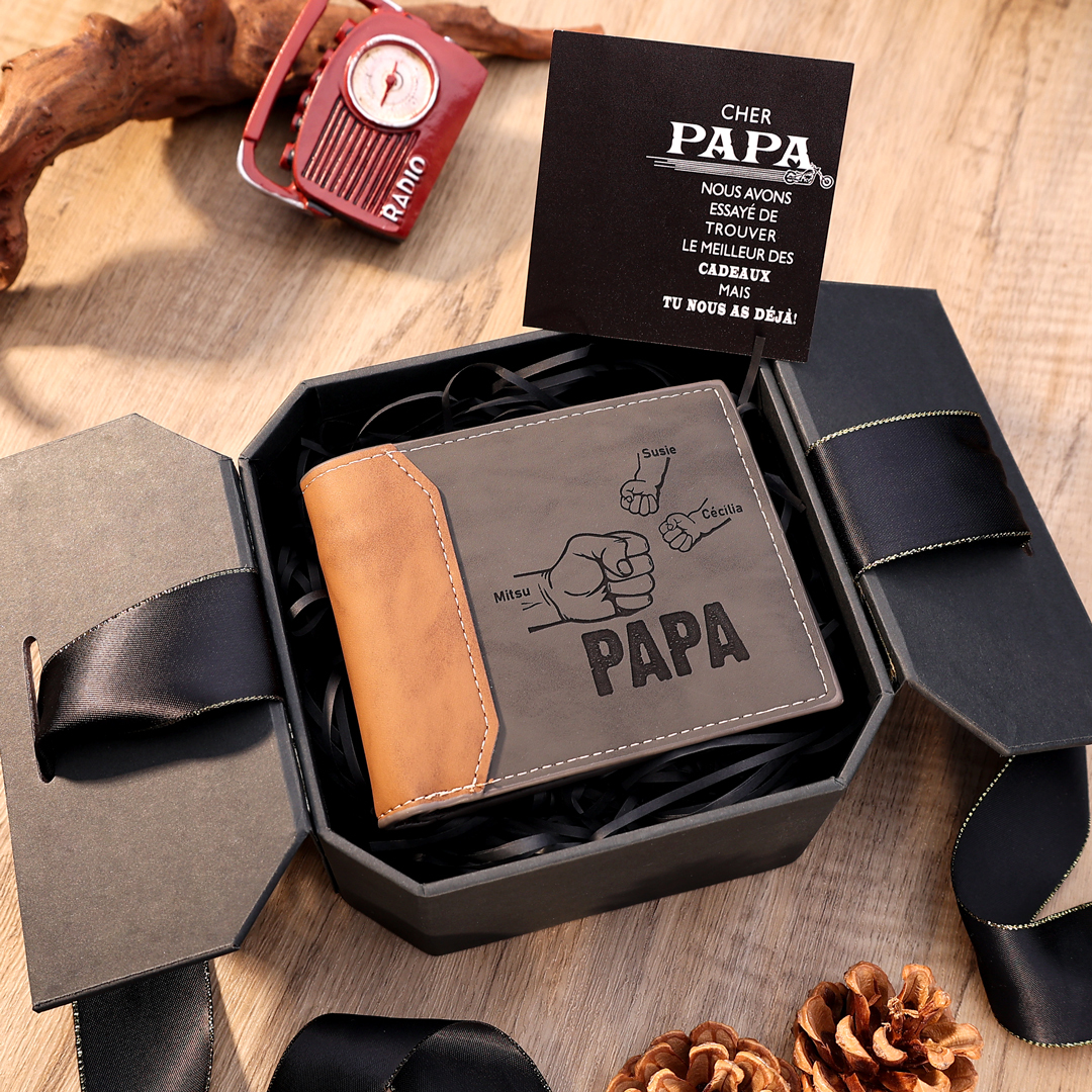 À mon Papa - Portefeuille Poings 3 Prénoms Personnalisés avec Photo Classique Homme Porte-Monnaie Carte | Jessemade