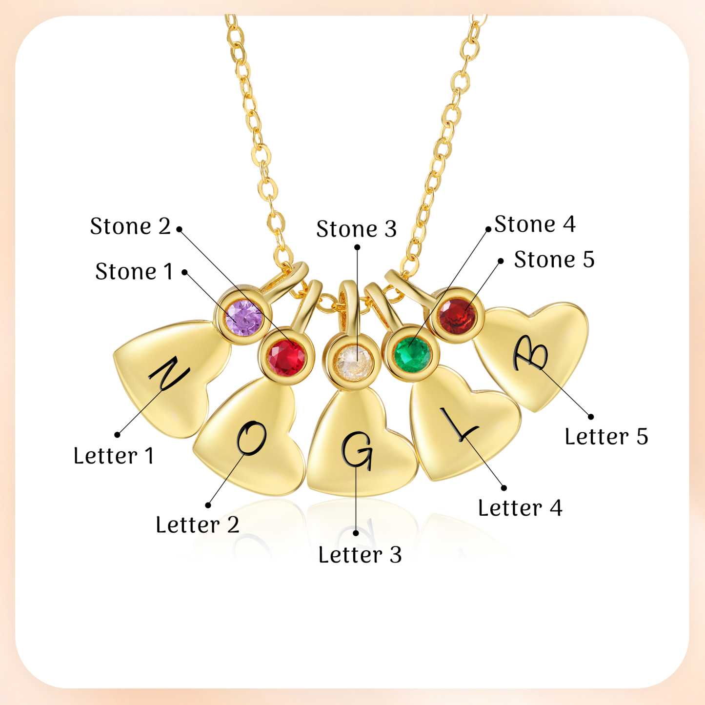 Collier Pendentif Cœur 6 Lettres Personnalisées avec Pierre de naissance pour Femmes