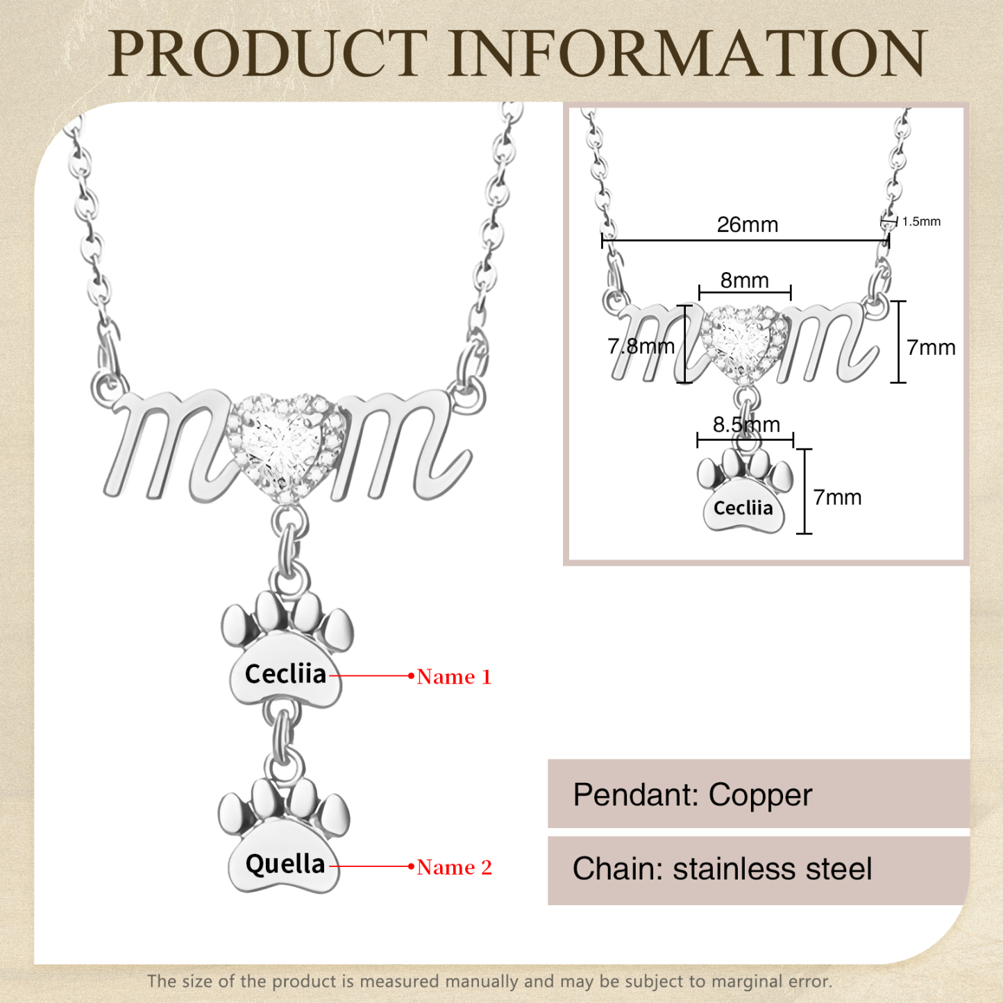 Collier Pendentif Petite Patte 2 Prénoms Personnalisés Collier pour Maman