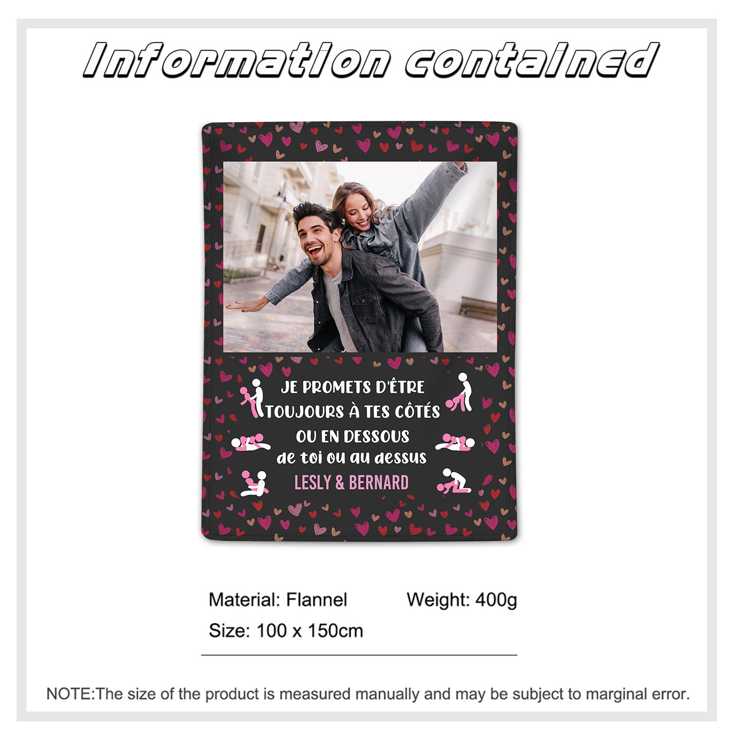 Couverture Plaids Polaire 2 Prénoms Personnalisés avec Photo pour Couple