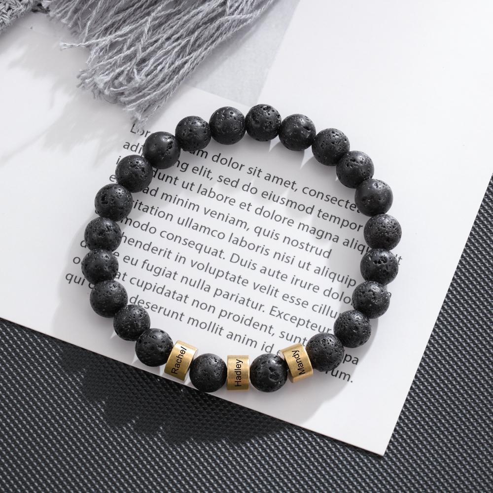 Bracelet 3 Prénom Personnalisé Pierre de lave Noir Bracelet Homme