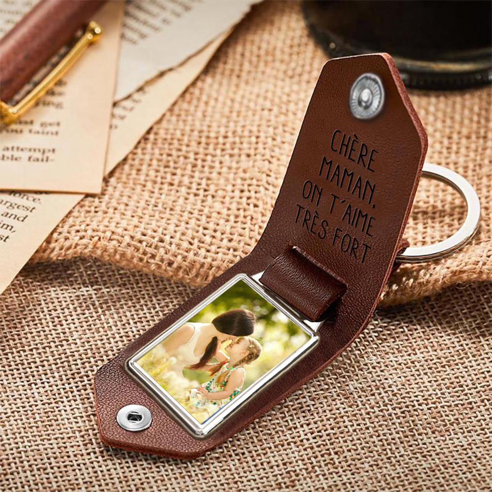 À ma Maman - Porte-Clés Cuir la Main dans la Main 1 Prénom Personnalisés avec Photo