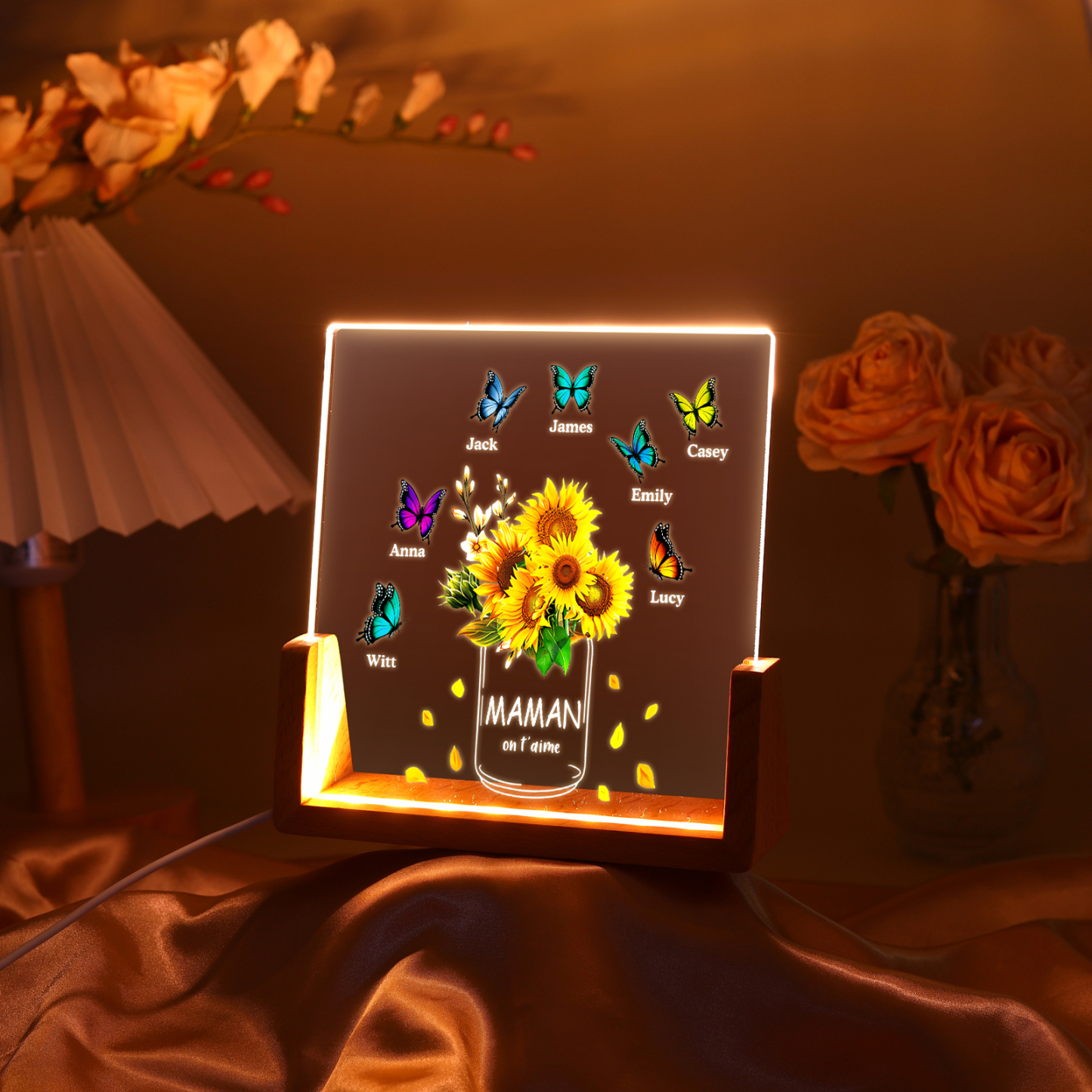 À Maman/Mamie - Lampe de chevet LED Tournesol 7 Prénoms Personnalisés avec 2 Textes pour Famille