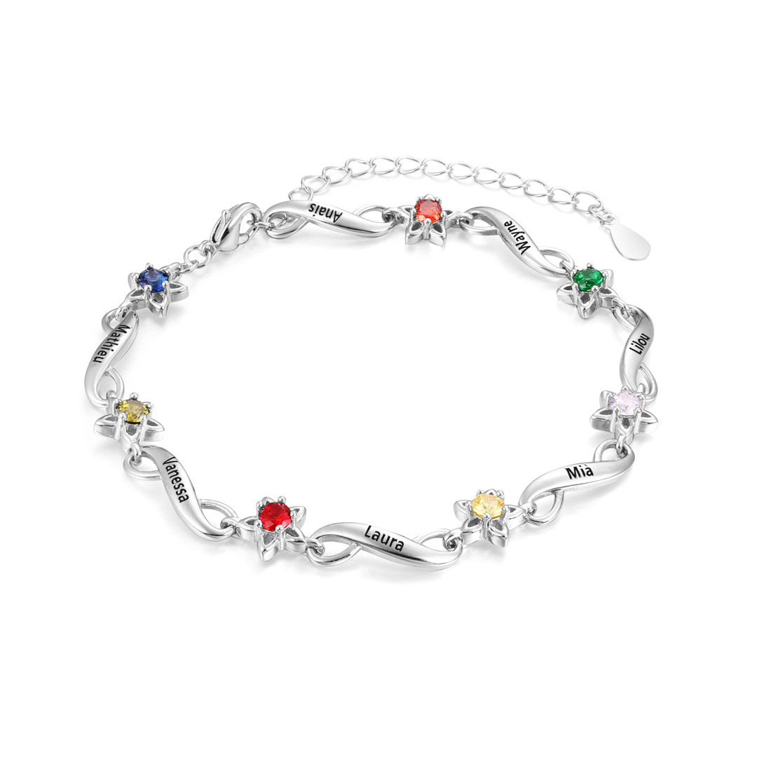 Bracelet infini à Breloque 6 Prénom Personnalisé avec 6 Pierre de Naissance