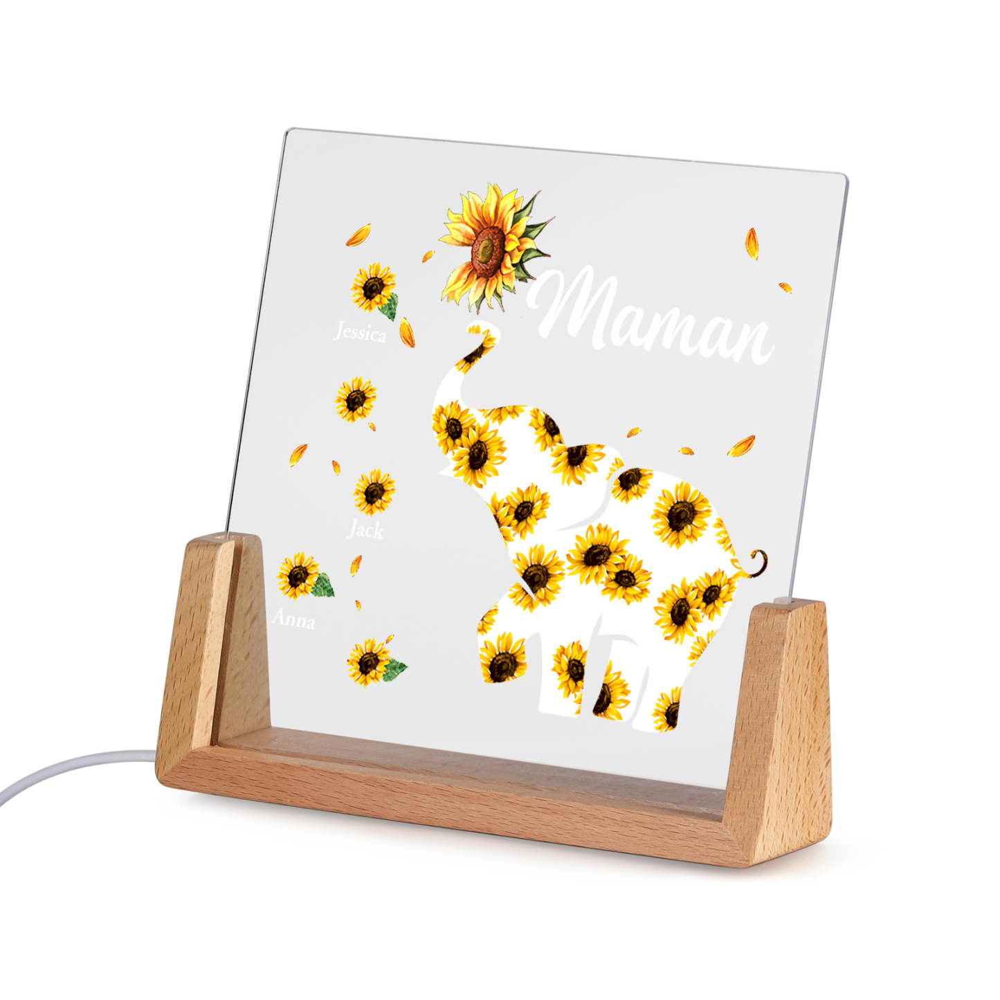 À Maman/Mamie - Lampe de chevet LED Éléphants 3 Prénoms Personnalisés avec Texte