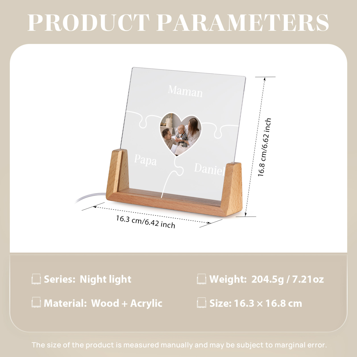 Lampe de chevet LED Puzzles 3 Prénoms Personnalisés avec Photo pour Famille