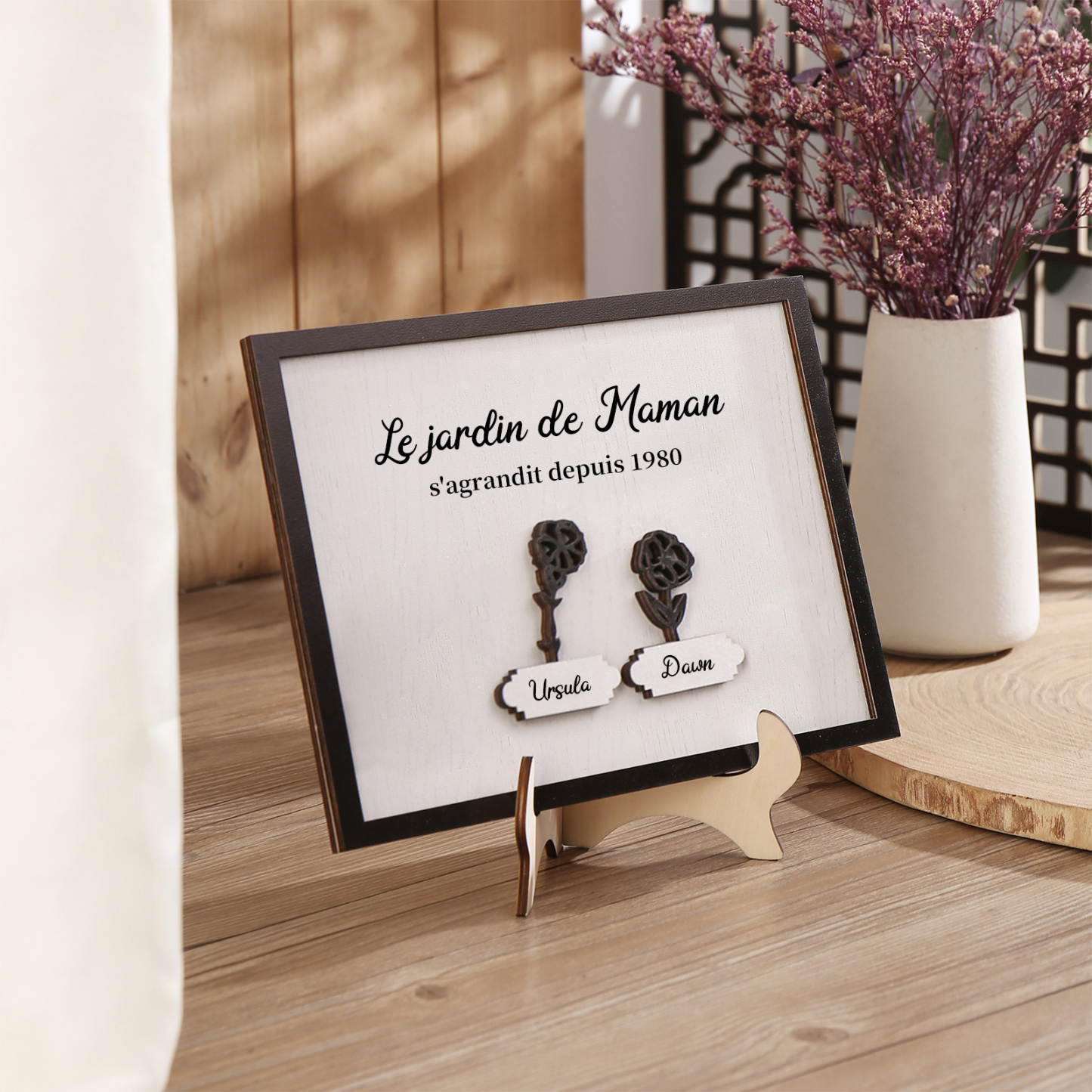 À ma Maman - Décoration en bois Fleurs 2 Prénoms Personnalisés avec Fleurs de naissance Ornement pour Famille