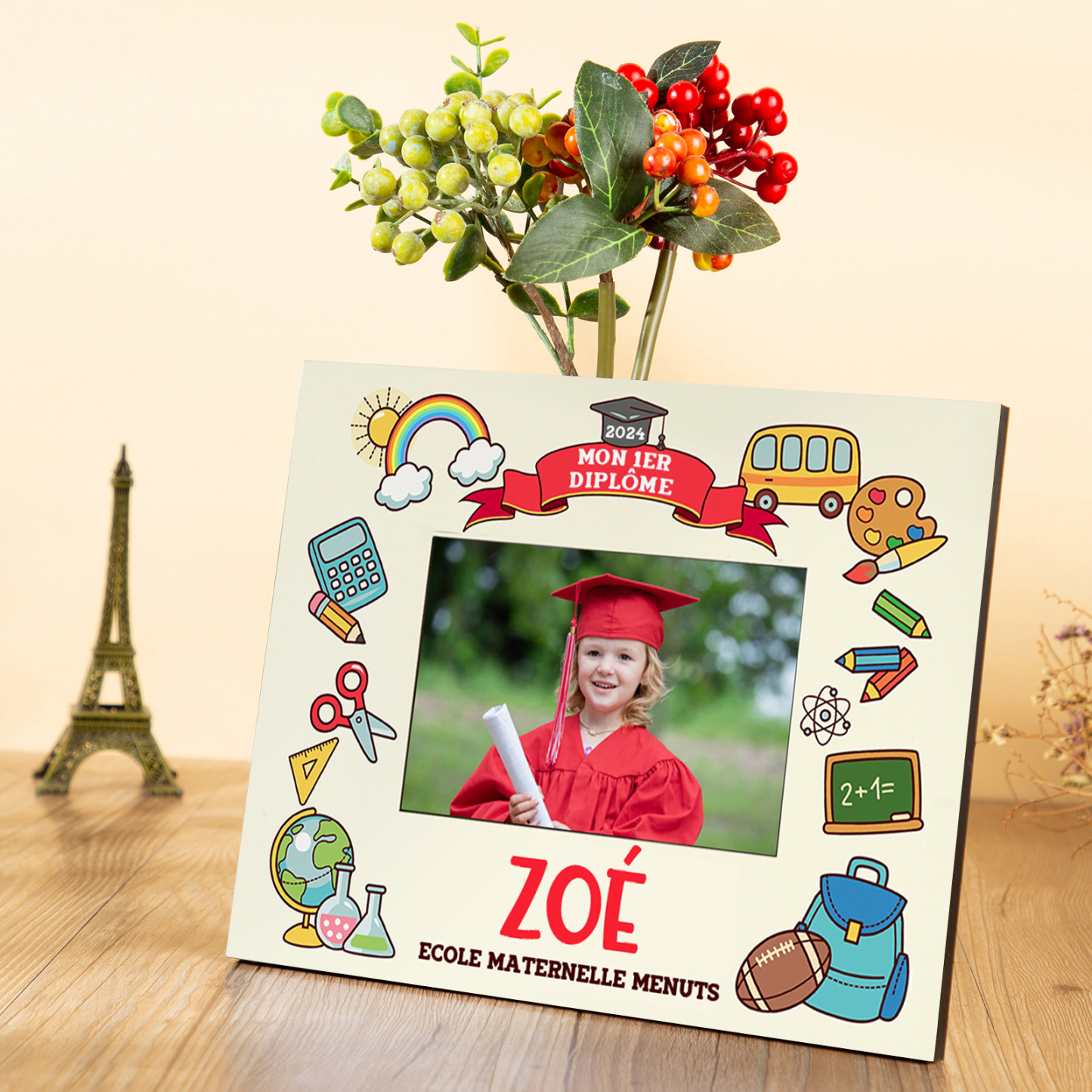 Cadre en Bois Diplômés de la Maternelle Prénom et Photo Personnalisés avec Année et Texte Cadeau pour Enfants
