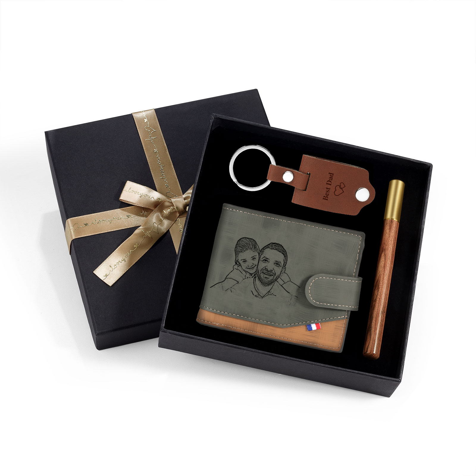 Coffret Cadeau 3PCS - Portefeuille classique Porte-Clés et Stylo 2 Photo et Textes Personnalisés avec 1 Prénom et Lettre Coffret Cadeau pour Homme