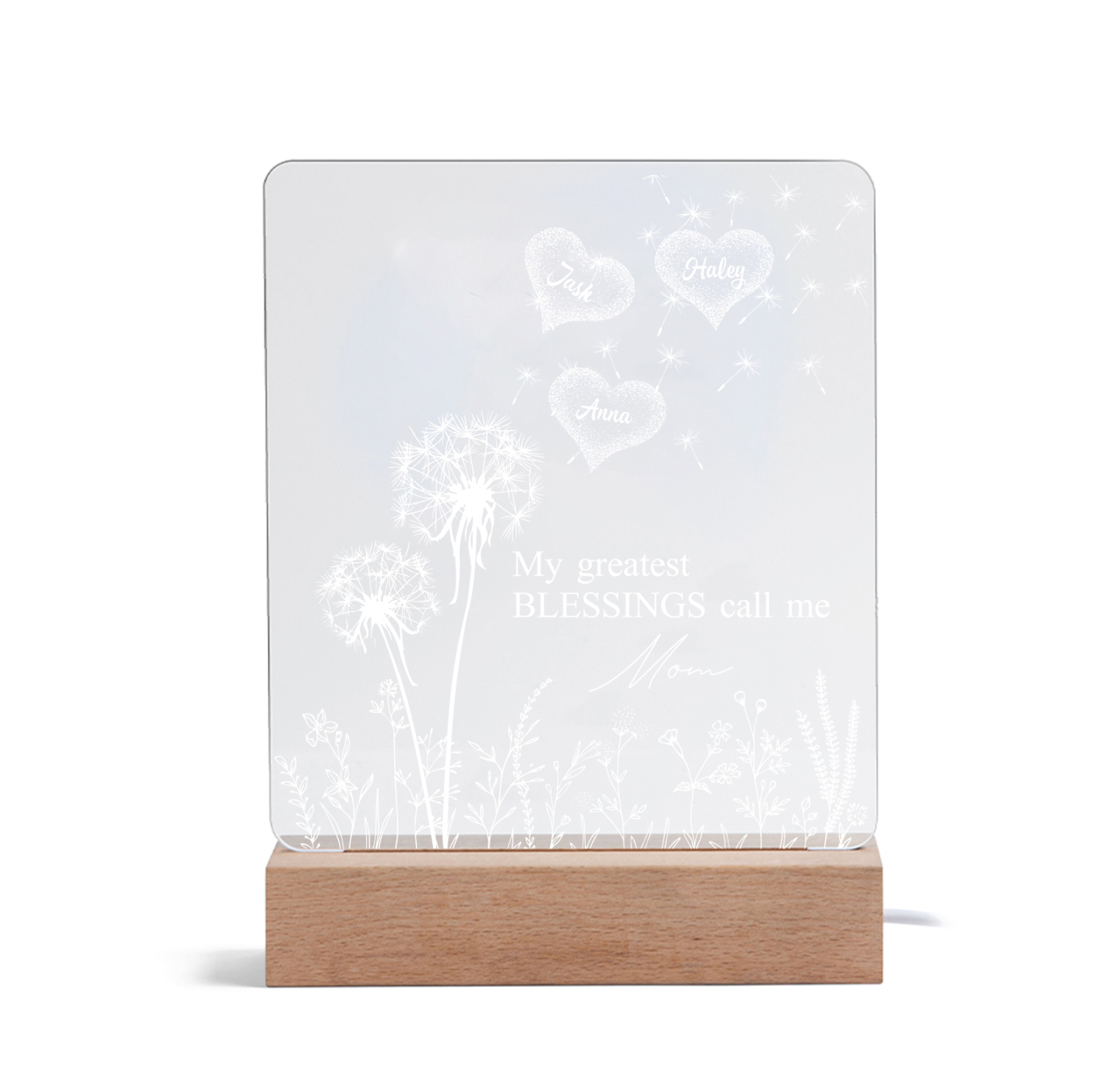 À Maman/Mamie - Lampe de chevet LED Pissenlit 3 Prénoms Personnalisés avec 2 Textes pour Famille