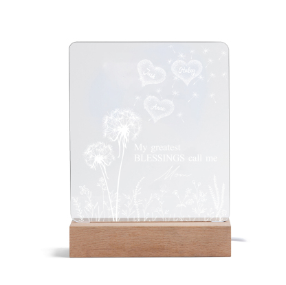 À Maman/Mamie - Lampe de chevet LED Pissenlit 3 Prénoms Personnalisés avec 2 Textes pour Famille